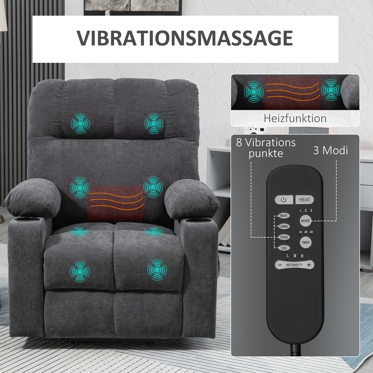 Elektrisk fåtölj med massage, värme, mörkgrå