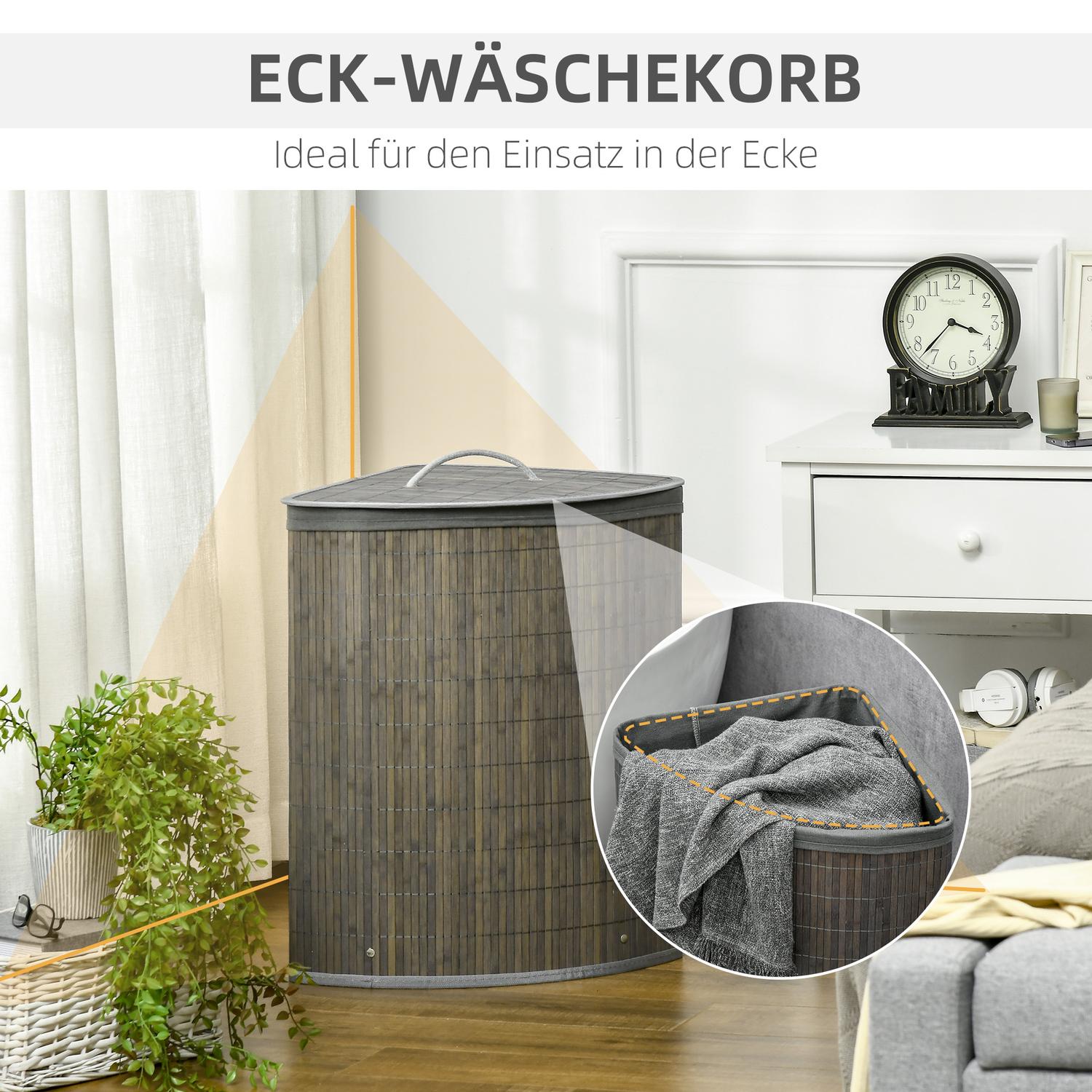 Bambu tvättkorg, 55L med lock & avtagbar påse, grå