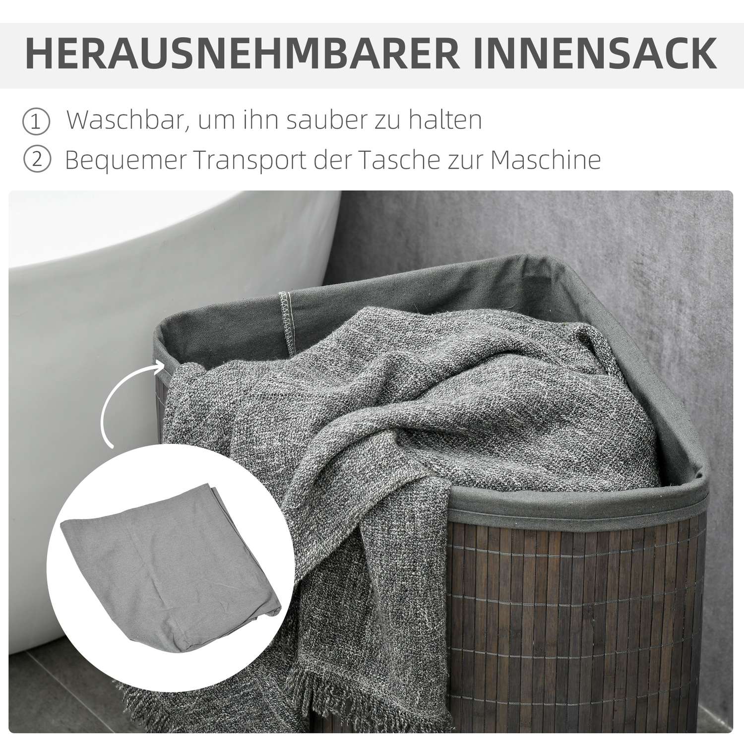 Bambu tvättkorg, 55L med lock & avtagbar påse, grå