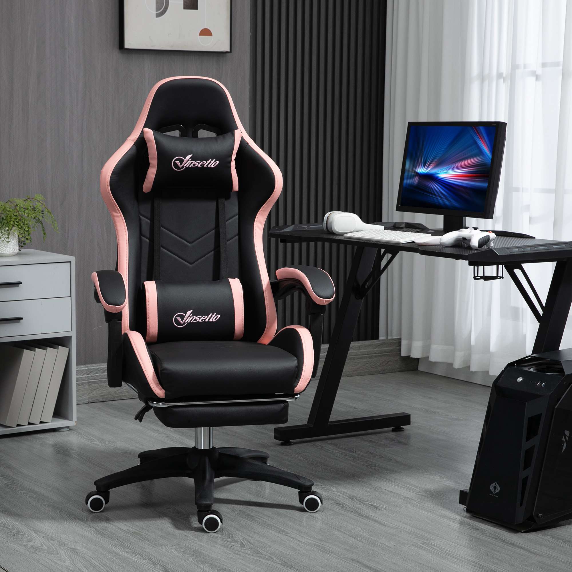 Gamingstol med fotstöd, 135 cm lutbar, rosa och svart