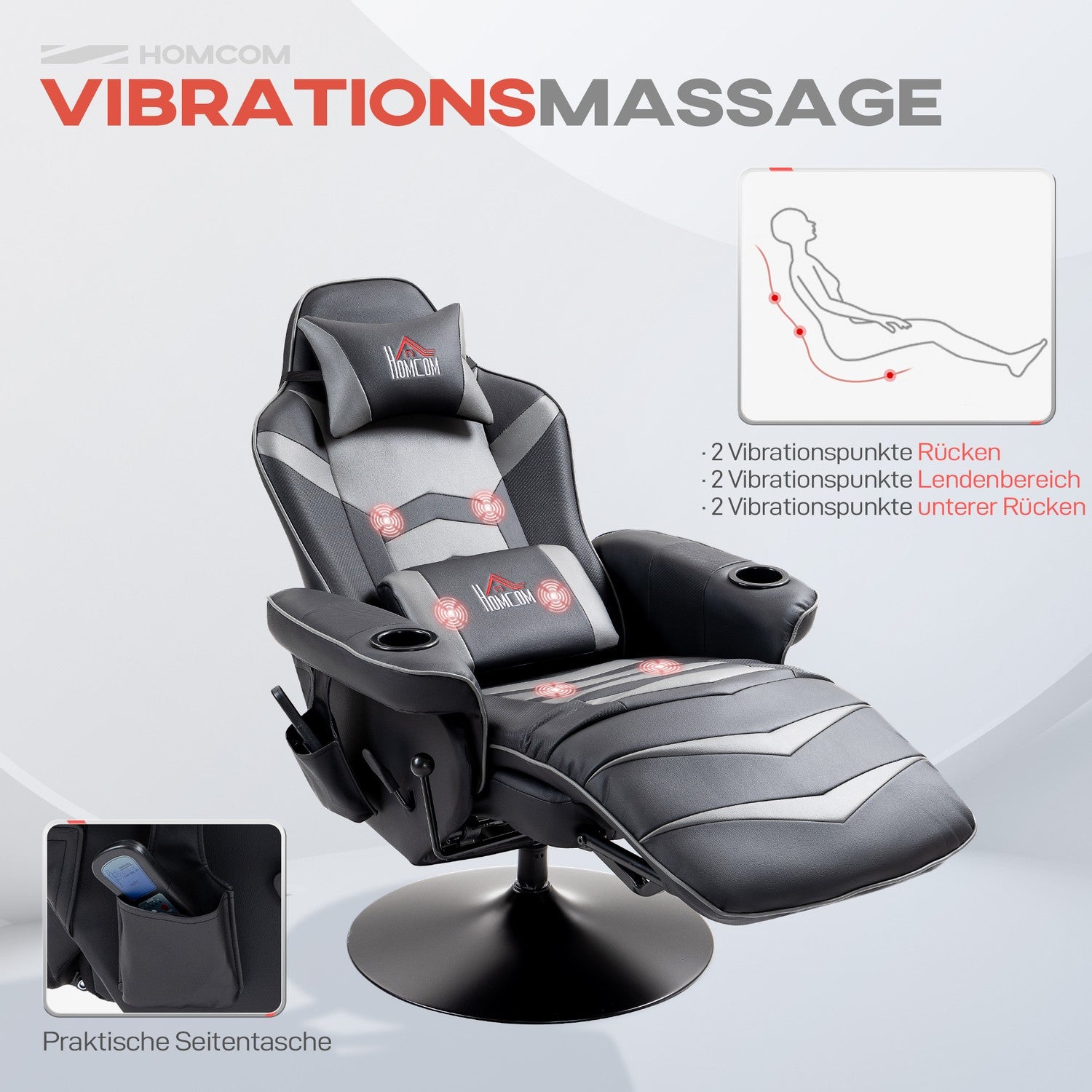 Gamingstol med fotstöd & massage, grått läder