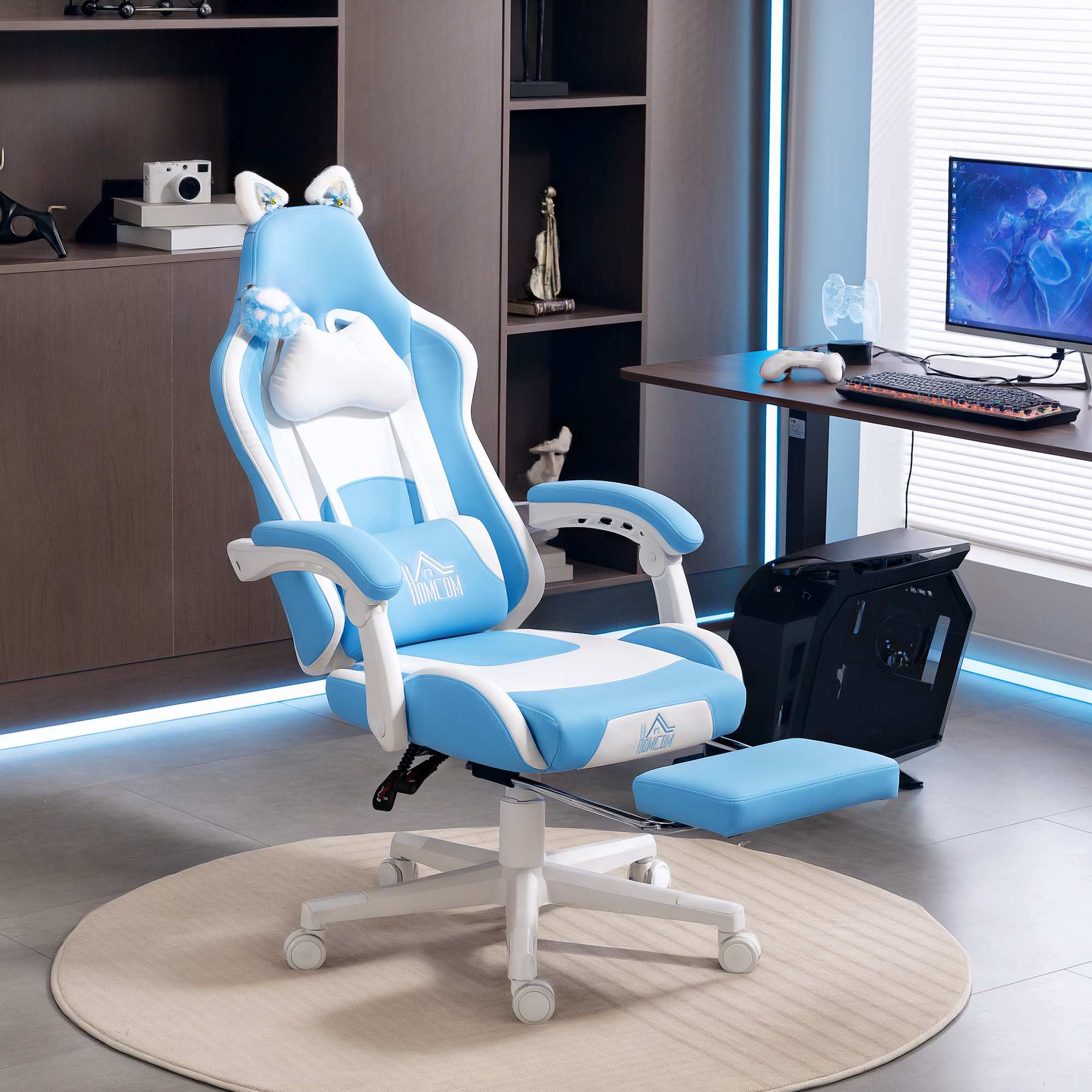 Gamingstol med kattöron, 135 cm lutbar, fotstöd