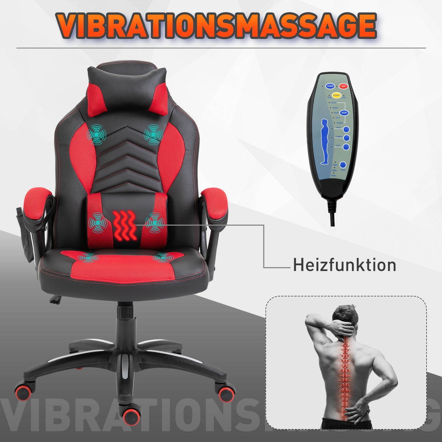 Gamingstol med värme och massage, röd PU, justerbar