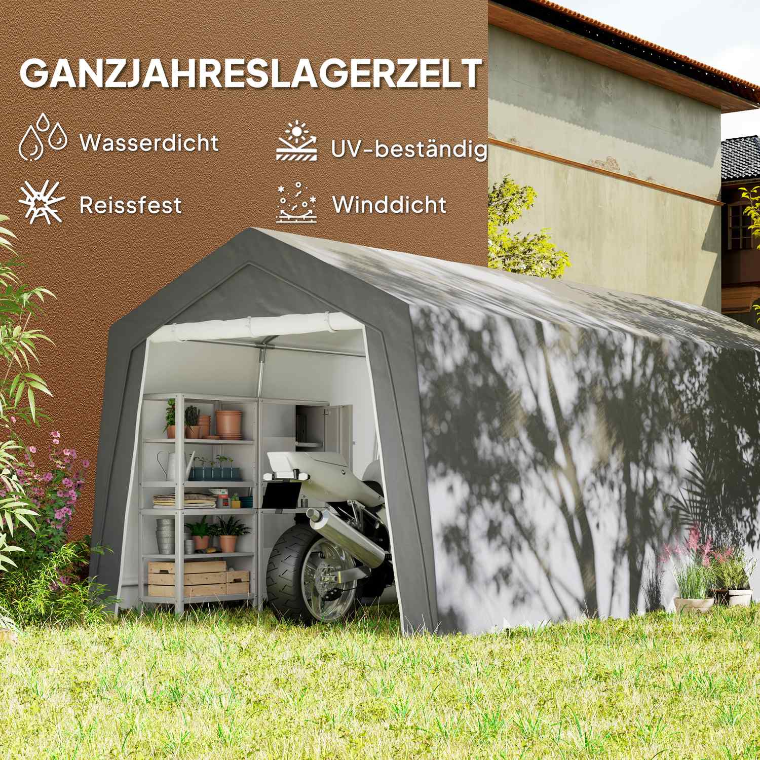 Vattentätt utomhusgaragetält – 300x600x250 cm, ljusgrå