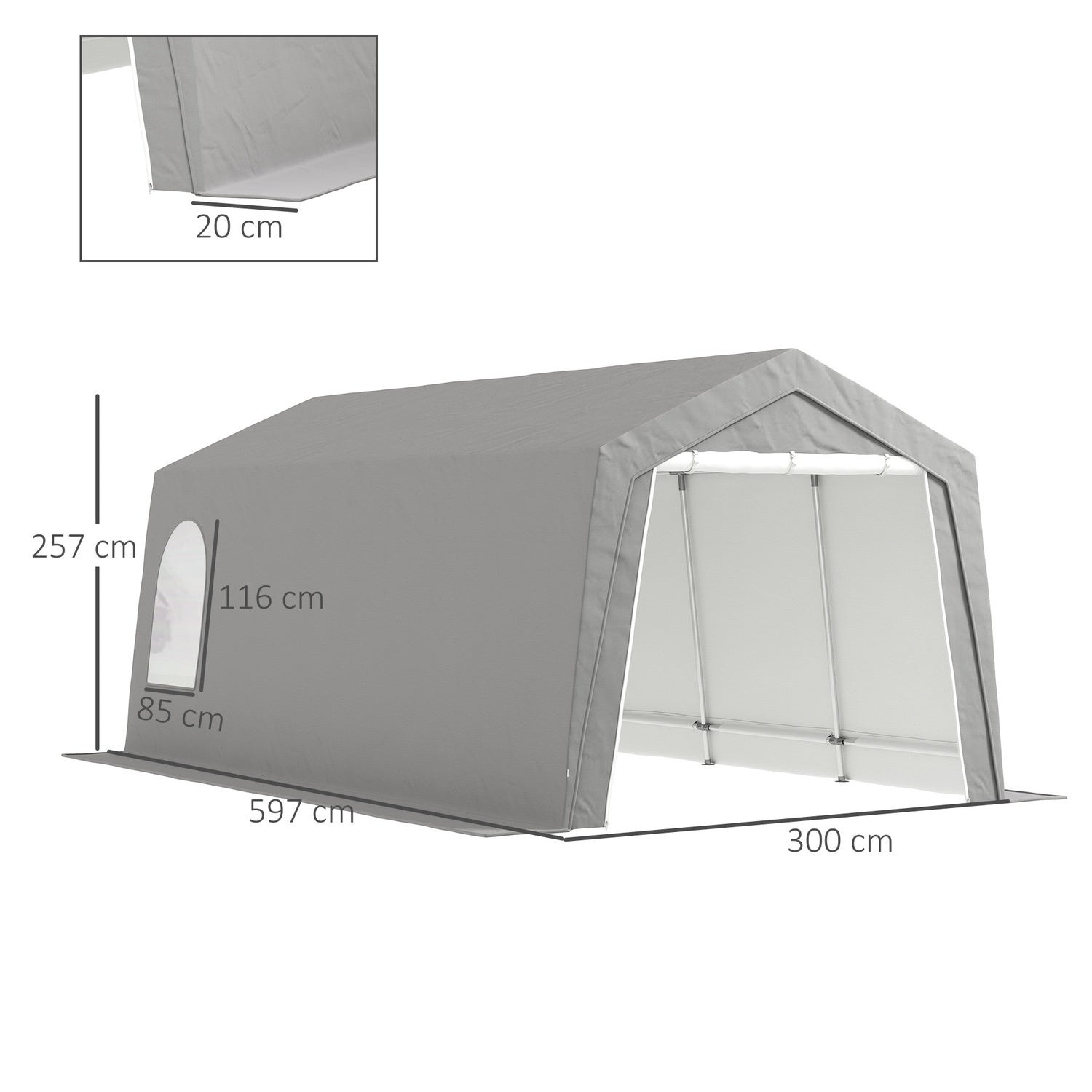 Vattentätt utomhusgaragetält – 300x600x250 cm, ljusgrå