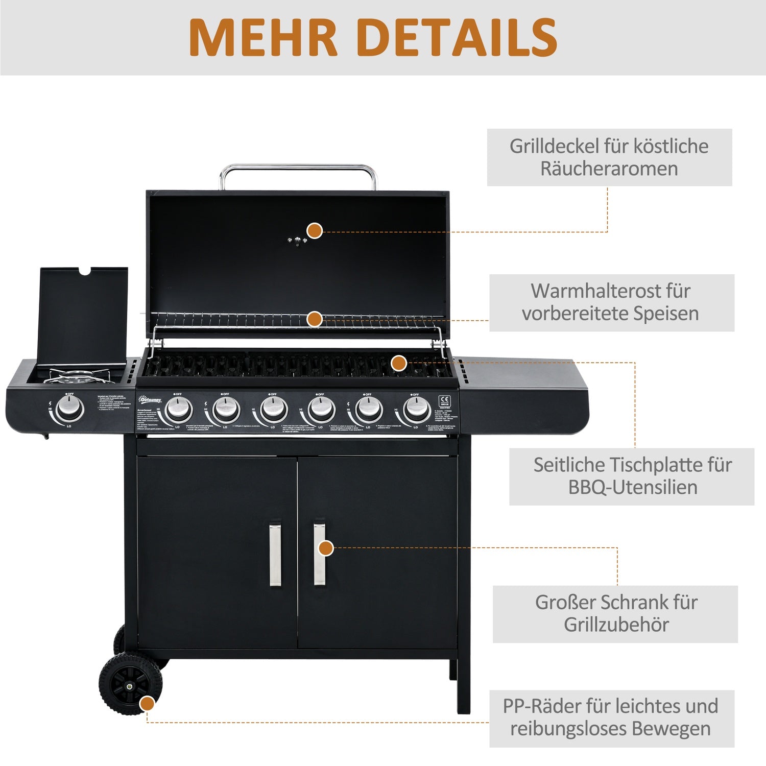 Gasgrill med 6 brännare, sidobrännare, förvaringsskåp