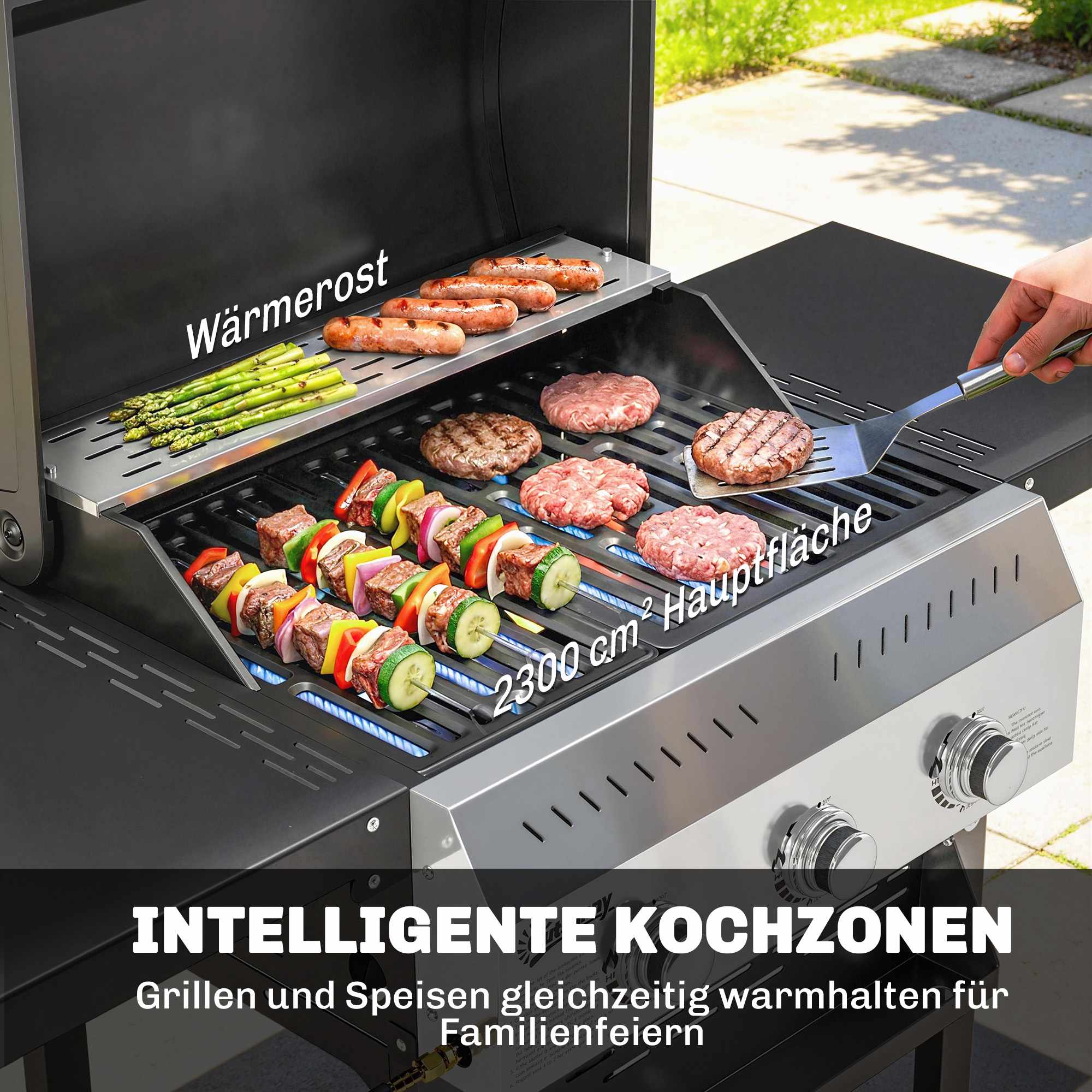 Gasgrill 9kW, 3 brännare, rostfritt stål, fällbara hyllor