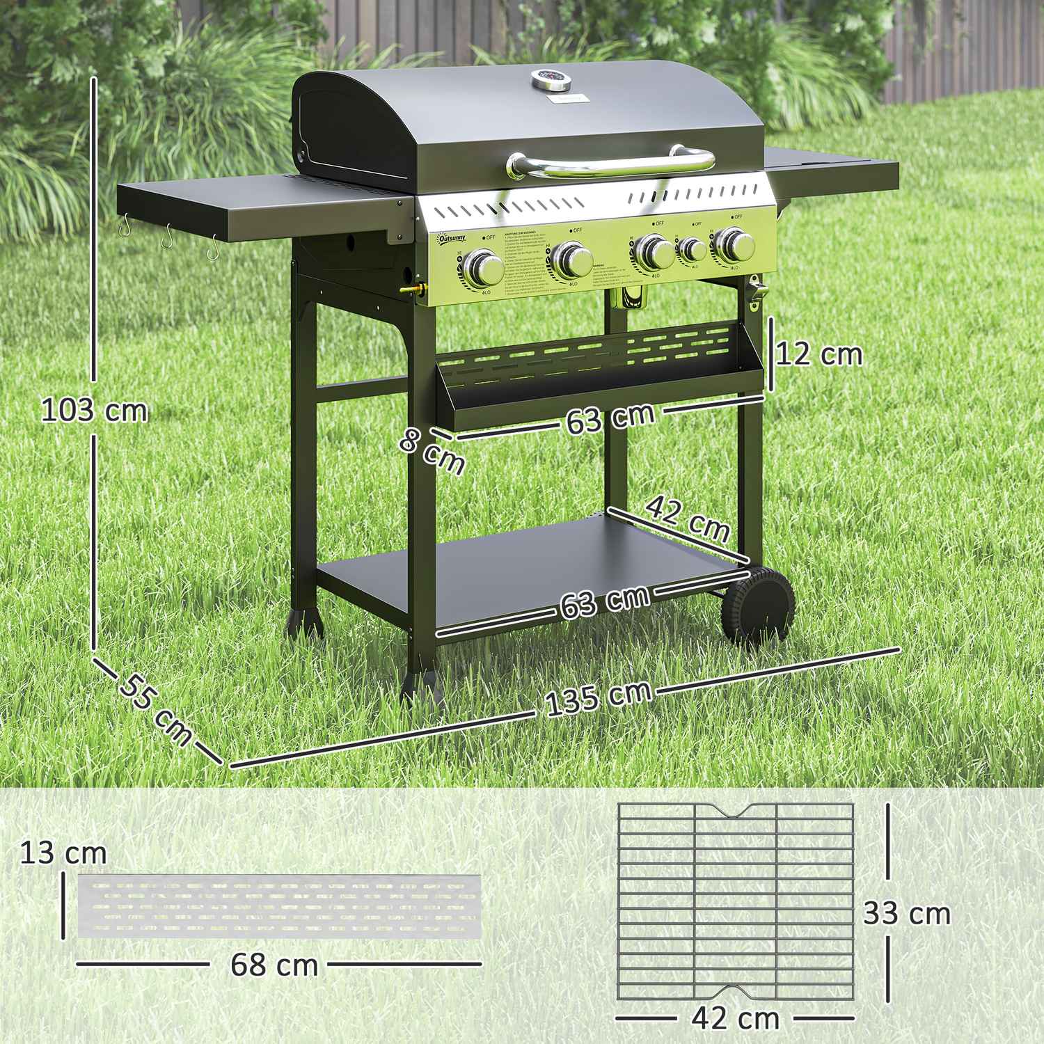 Gasgrill i rostfritt stål, 12KW, 4+1 brännare, med termometer