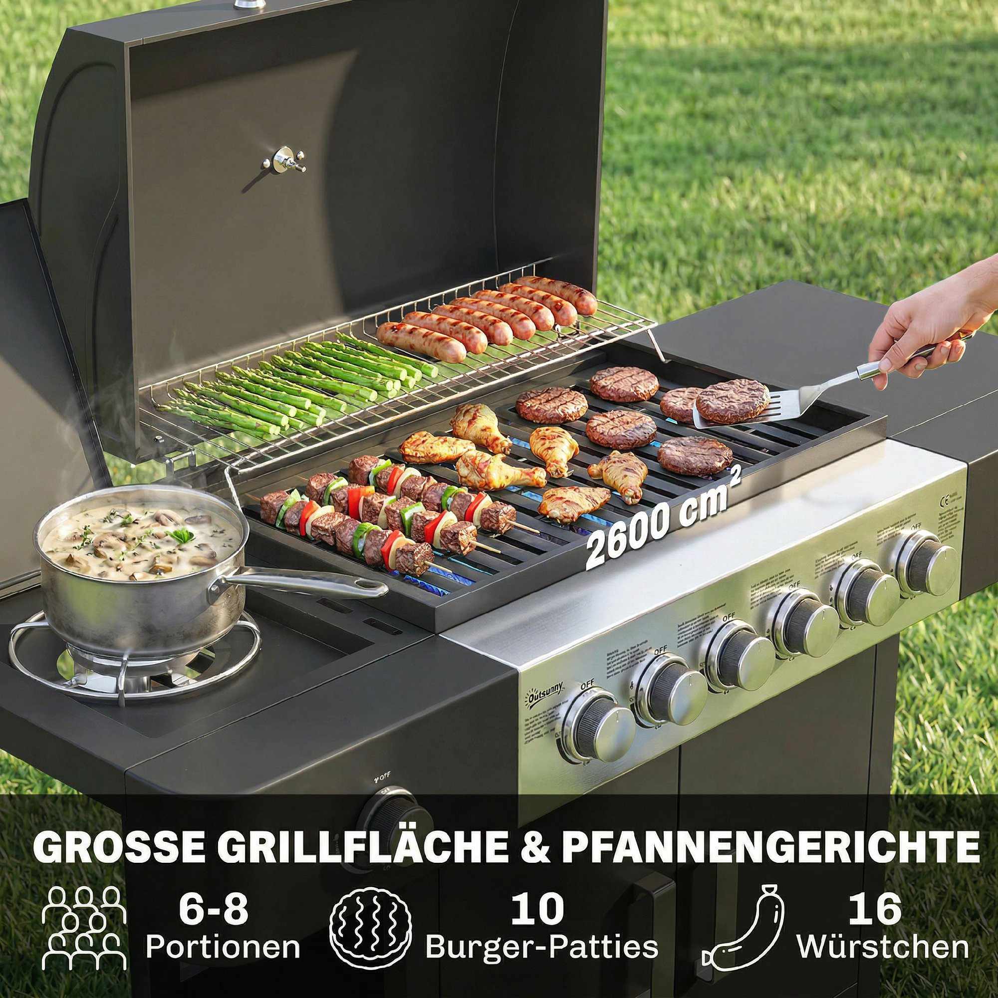 Gasgrill i rostfritt stål med 6 brännare och sidobrännare