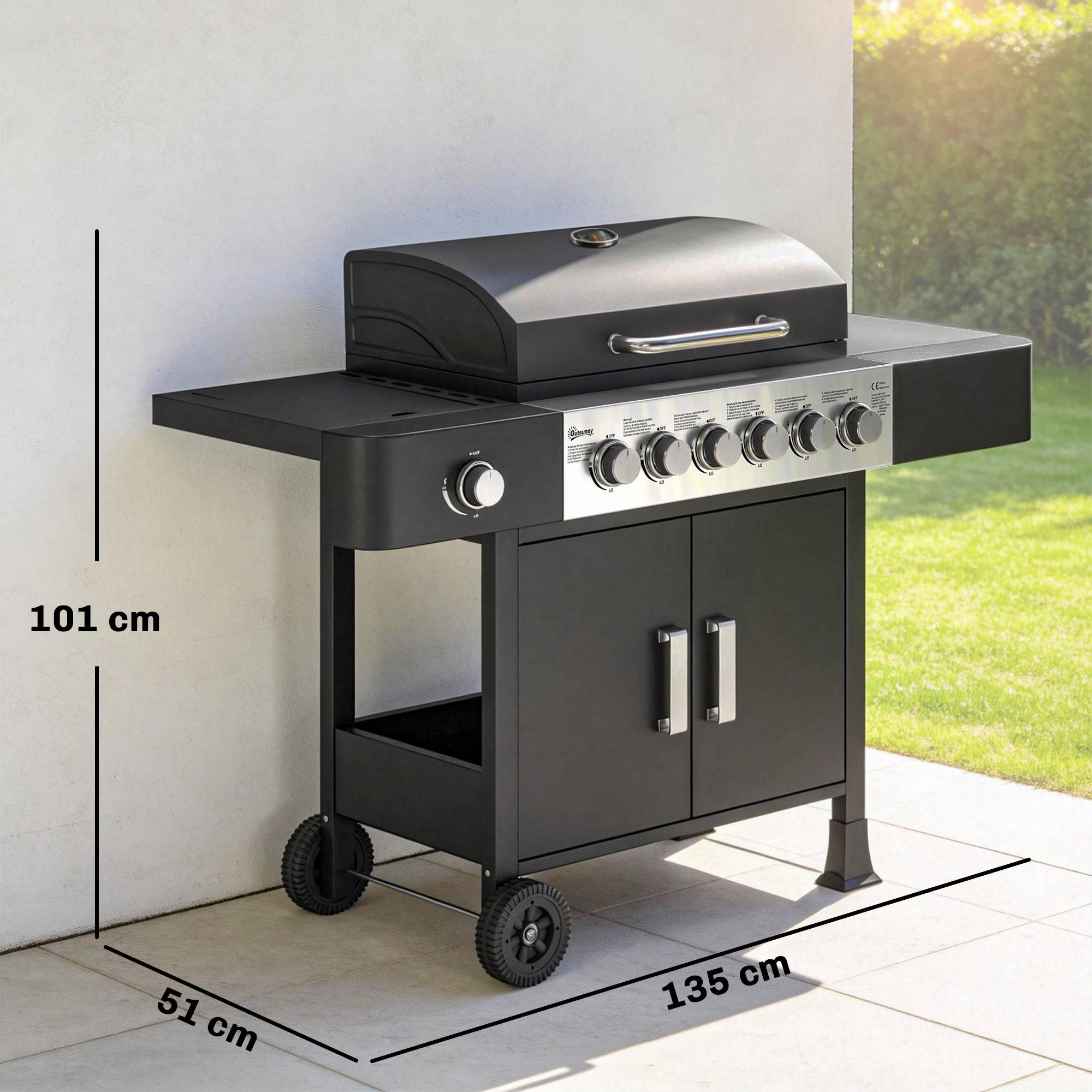 Gasgrill i rostfritt stål med 6 brännare och sidobrännare