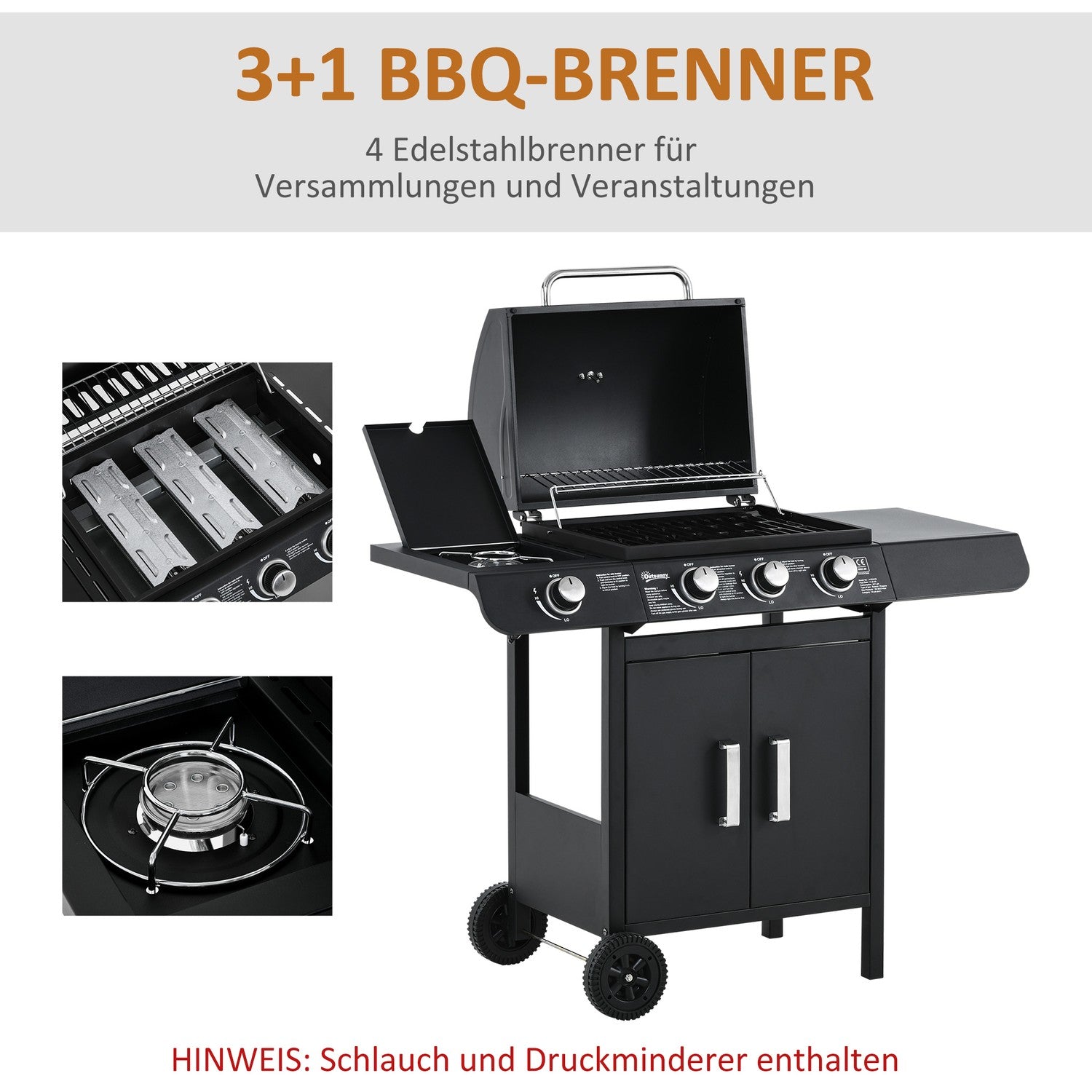 Gasgrill med 3 brännare & 1 sidobrännare, svart stålskåp