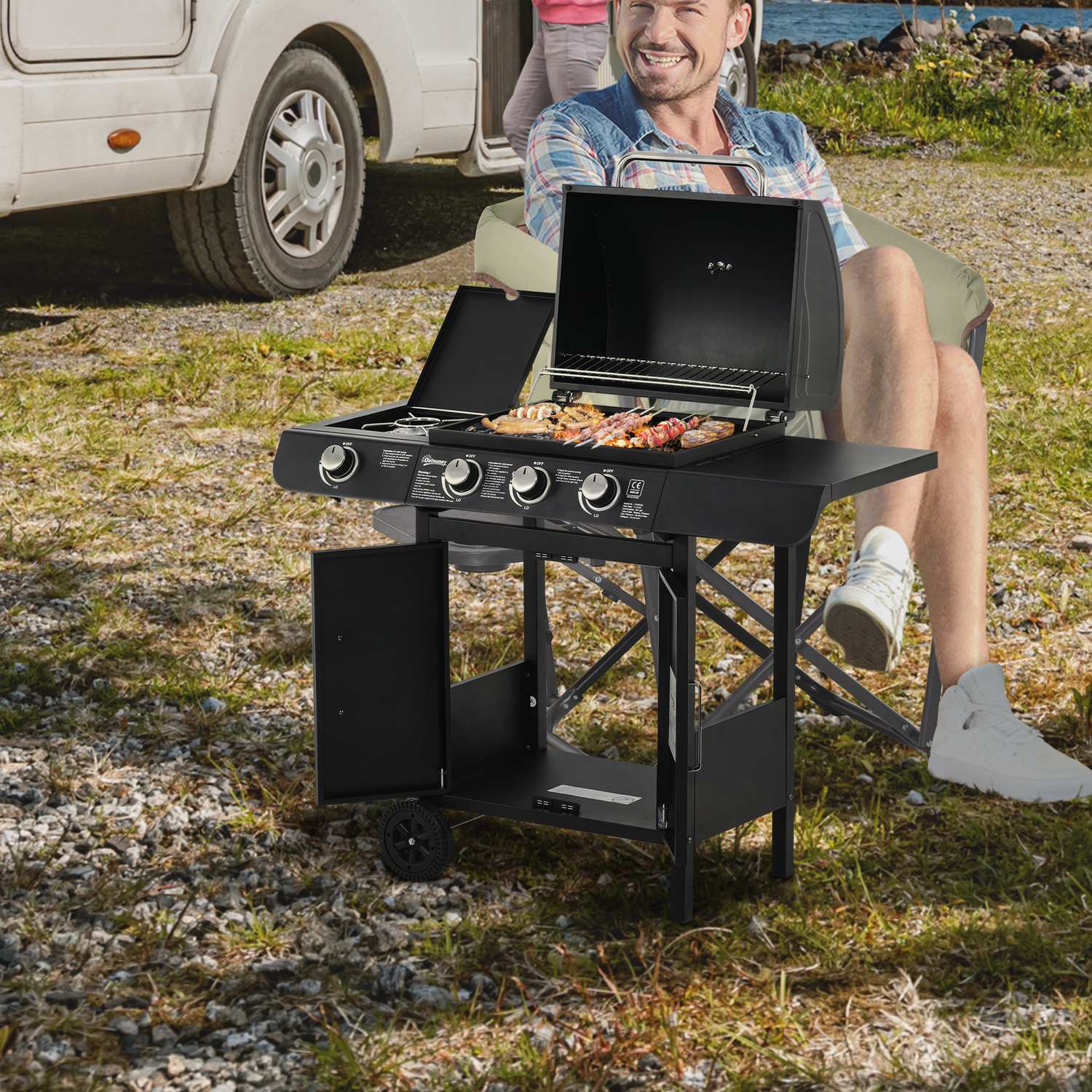 Gasgrill med 3 brännare & 1 sidobrännare, svart stålskåp