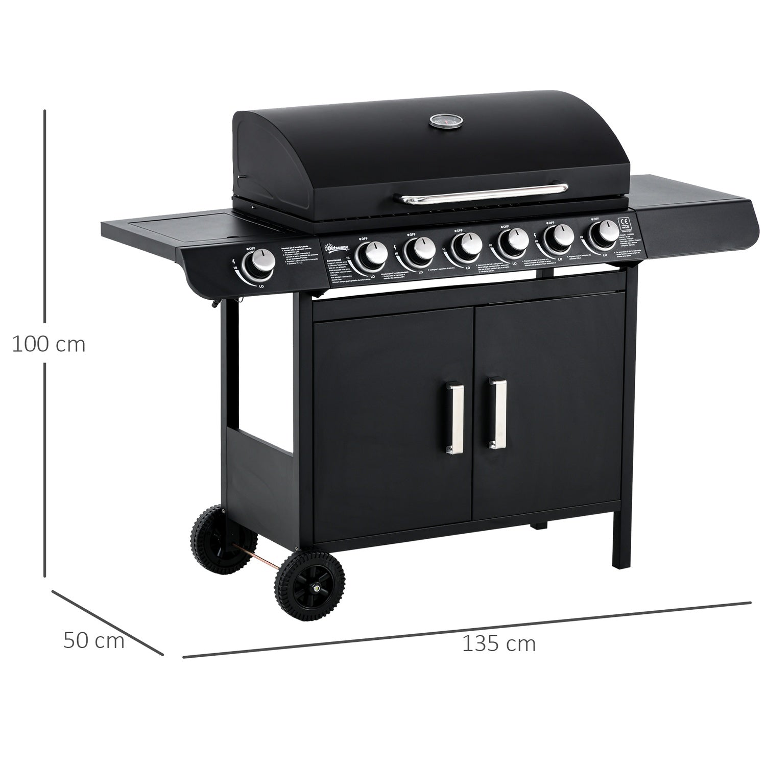 Gasgrill med 6 brännare, sidobrännare, förvaringsskåp