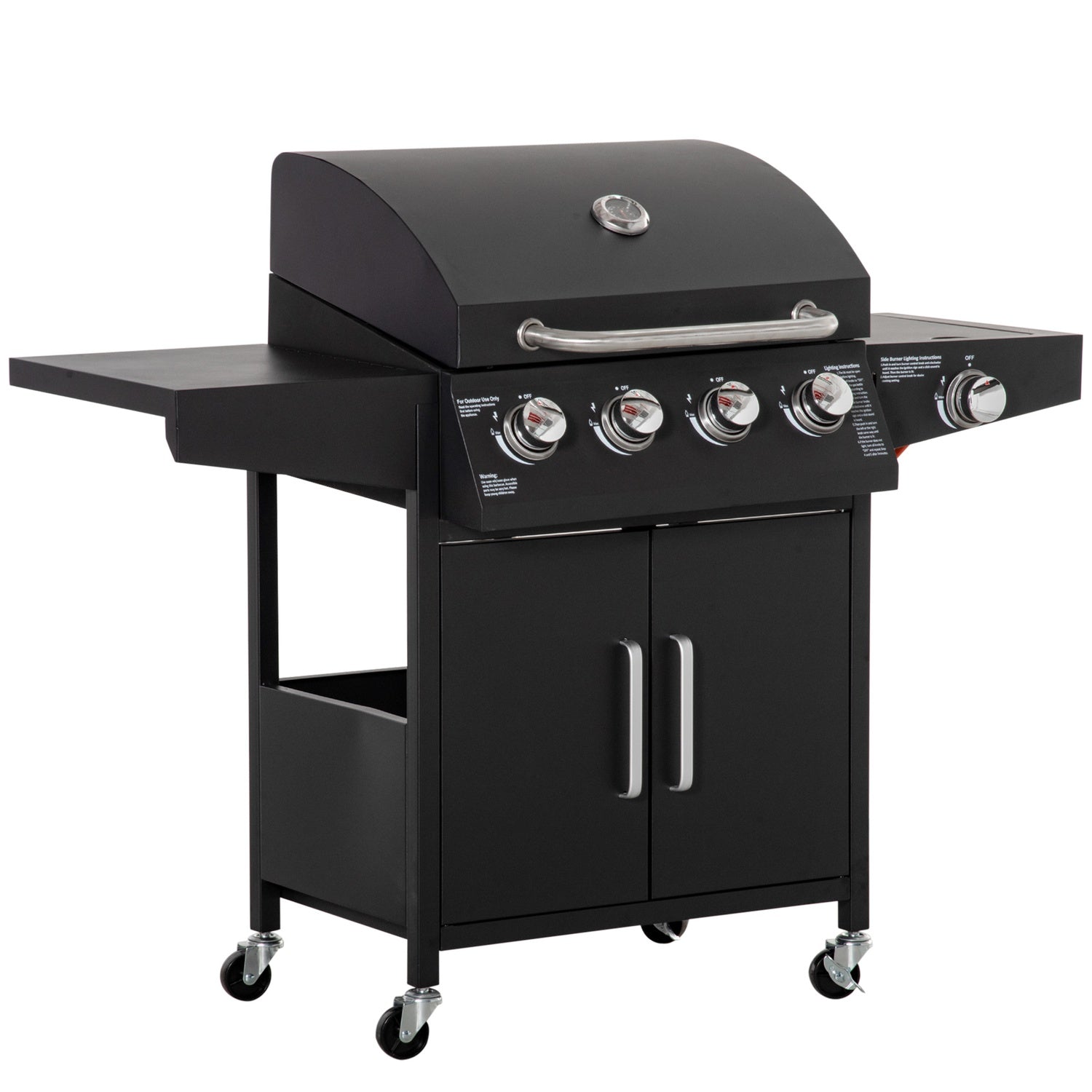 Gasgrill BBQ, 3 brännare, mobil vagn med sidobord