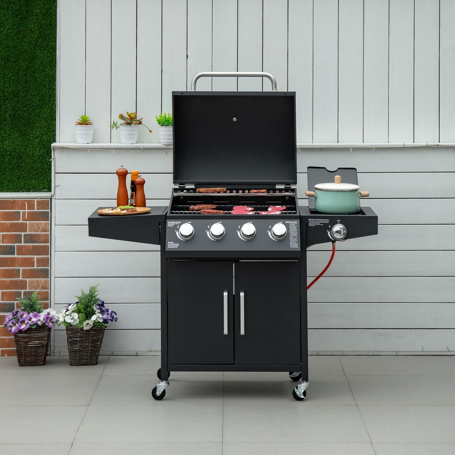 Gasgrill BBQ, 3 brännare, mobil vagn med sidobord