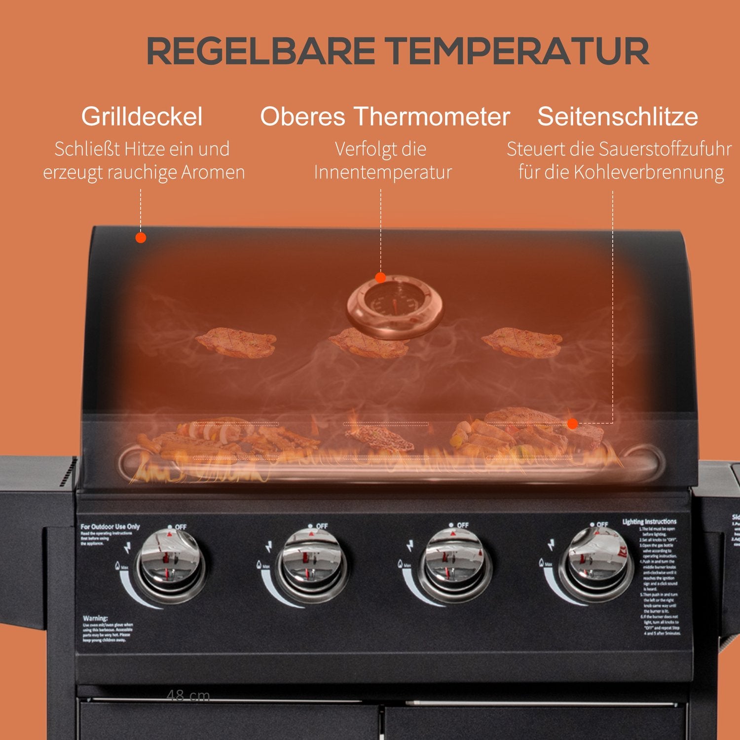 Gasgrill BBQ, 3 brännare, mobil vagn med sidobord