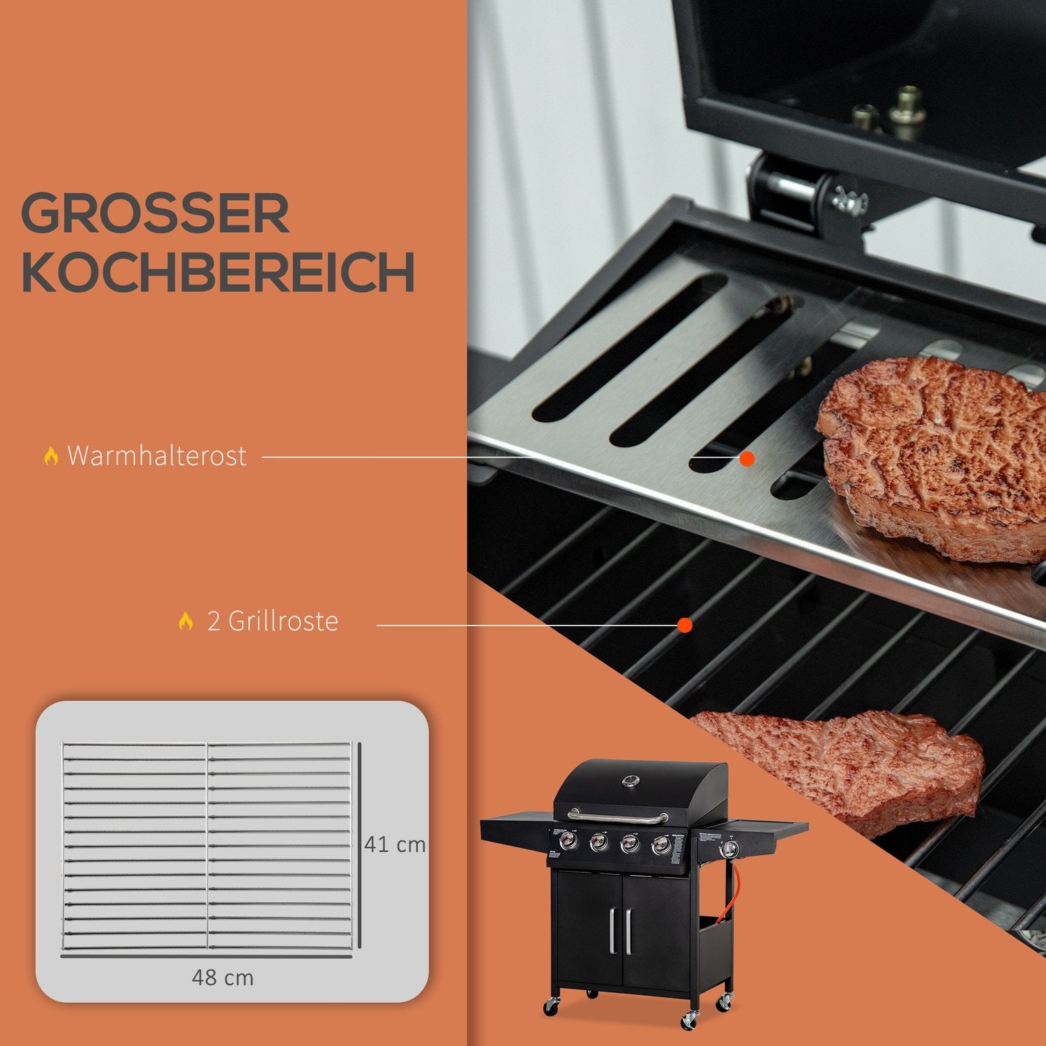 Gasgrill BBQ, 3 brännare, mobil vagn med sidobord