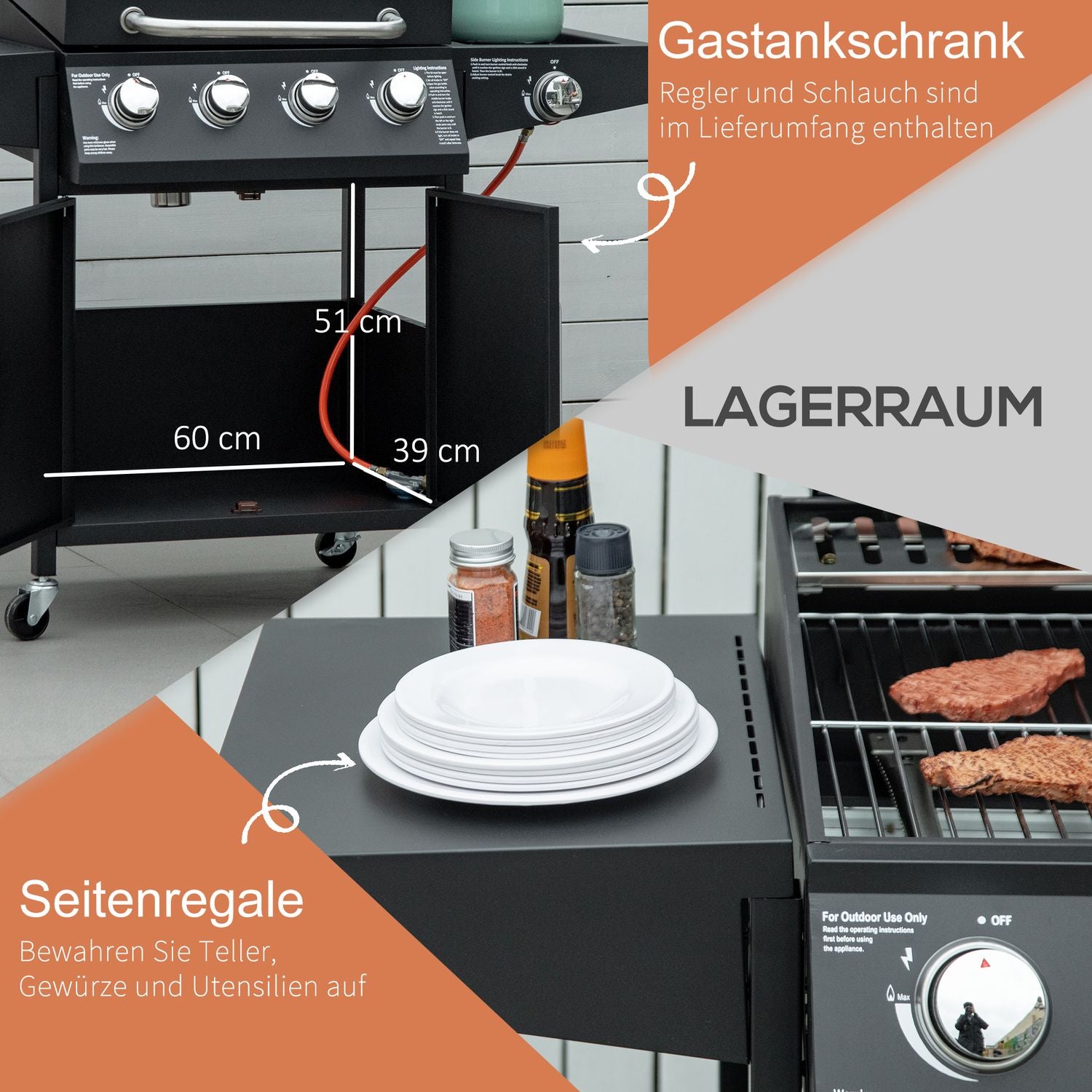Gasgrill BBQ, 3 brännare, mobil vagn med sidobord