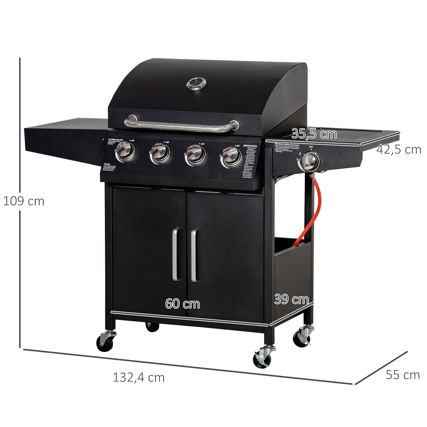 Gasgrill BBQ, 3 brännare, mobil vagn med sidobord