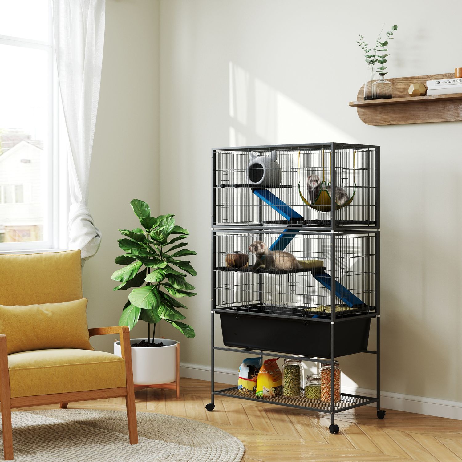 Gnagarbur med bricka, ramper, hängmatta och hjul, grå