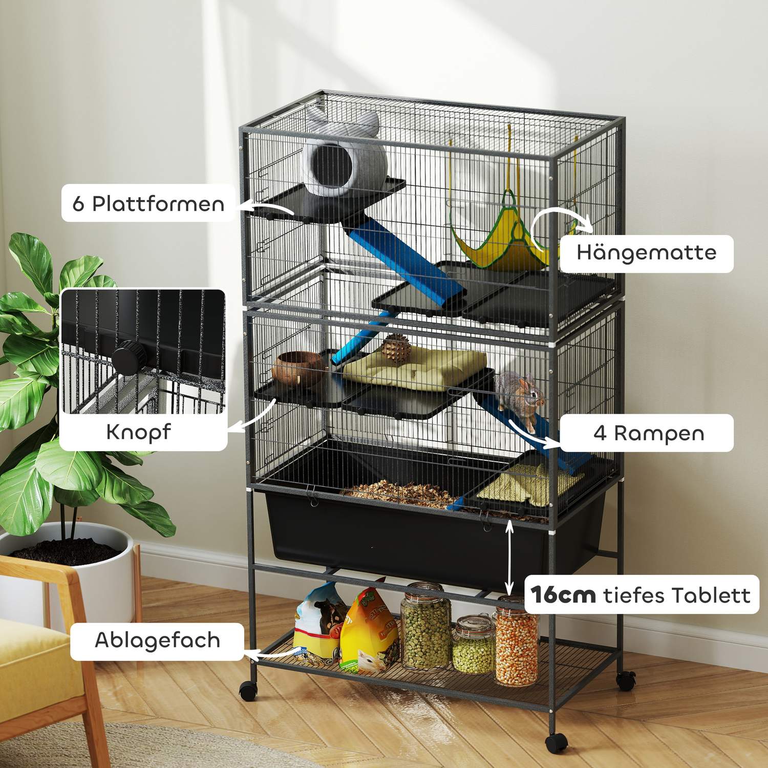 Gnagarbur med bricka, ramper, hängmatta och hjul, grå