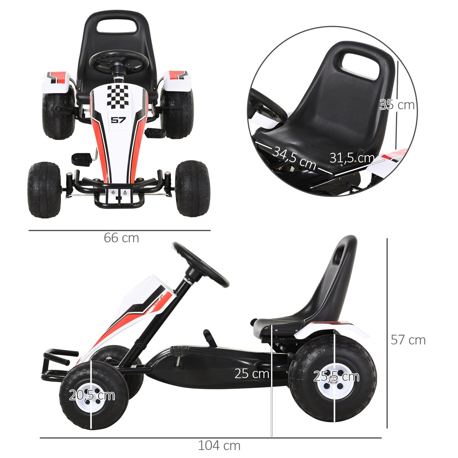 Pedal Go Kart för barn – Stålram, vit, 3-8 år