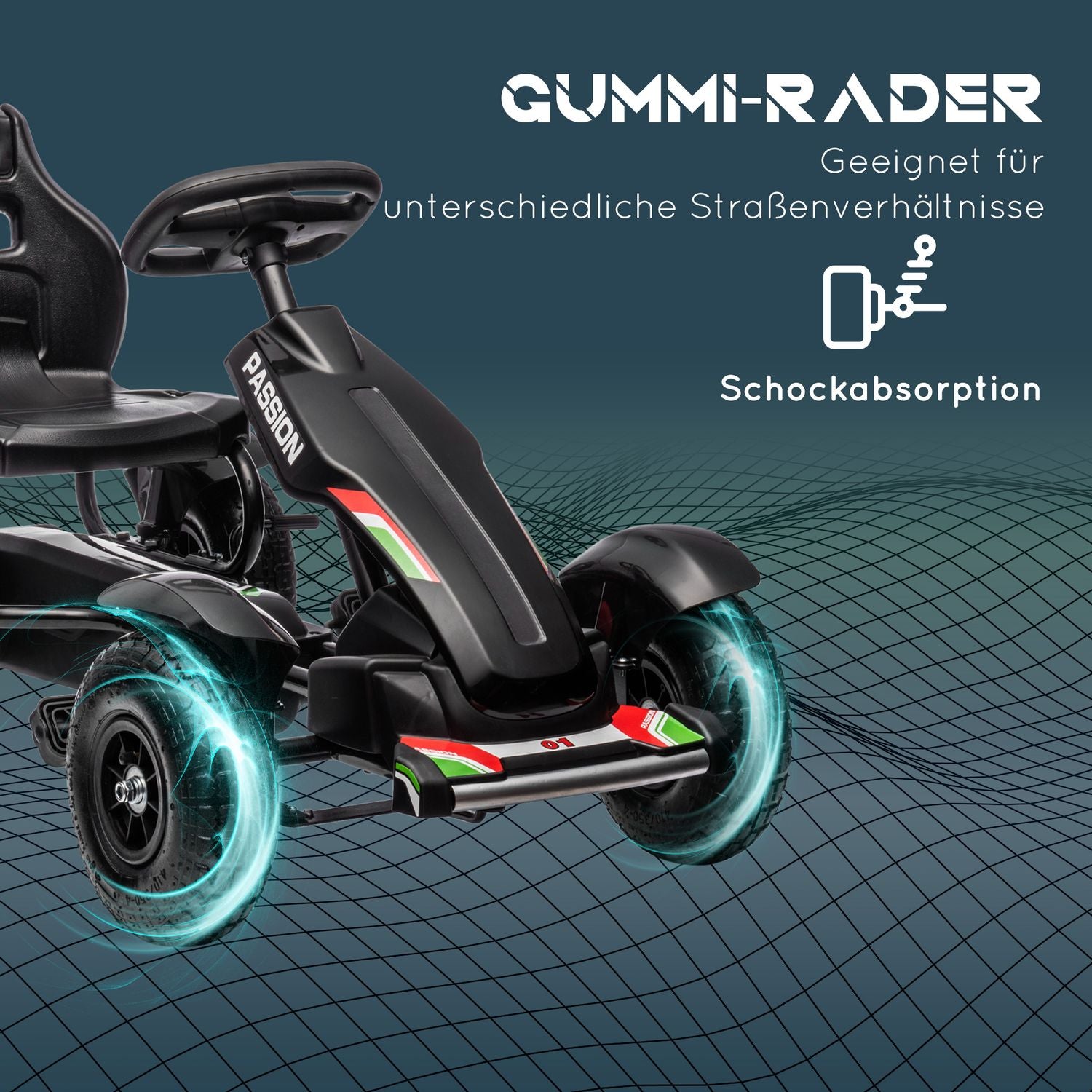Pedal Go-Kart för barn med handbromsar, justerbart säte, svart