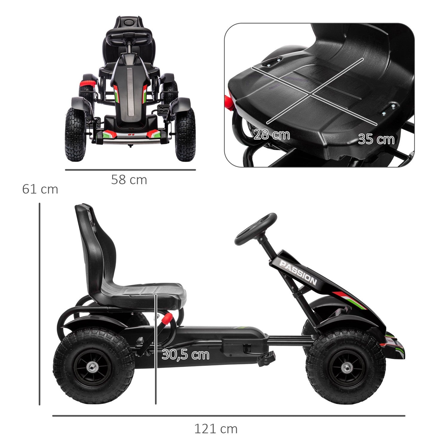Pedal Go-Kart för barn med handbromsar, justerbart säte, svart