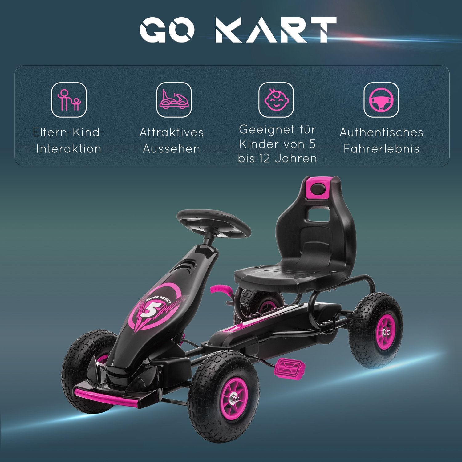 Gokart för barn med justerbar sits och handbroms, rosa