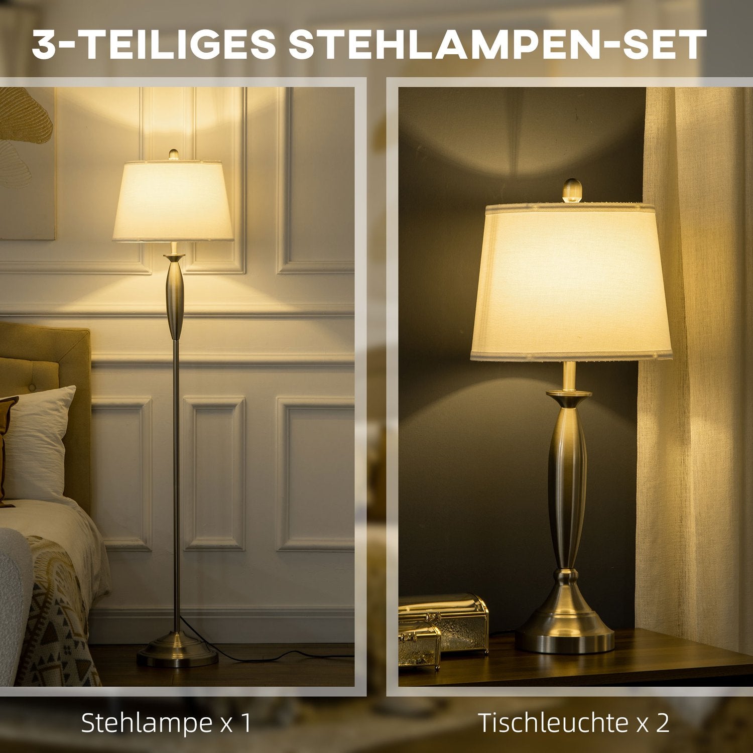 Golv- & bordslampssats, Silver & Vit, E27, 3-delad