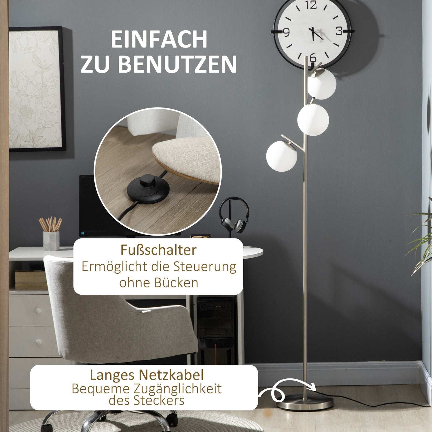 Golvlampa 40W E27, Silver & Vit, 169 cm, 3 glasskärmar