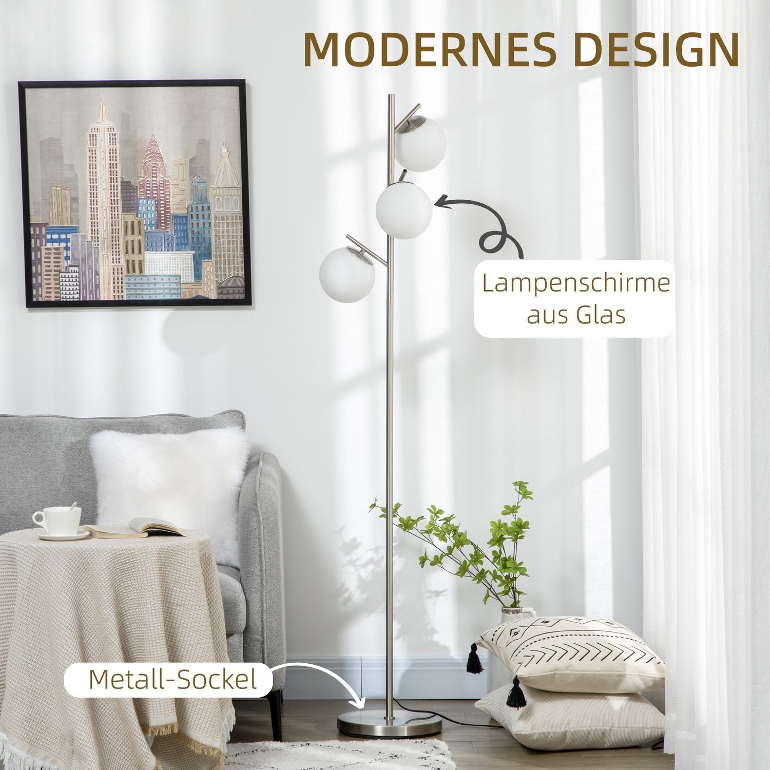Golvlampa 40W E27, Silver & Vit, 169 cm, 3 glasskärmar