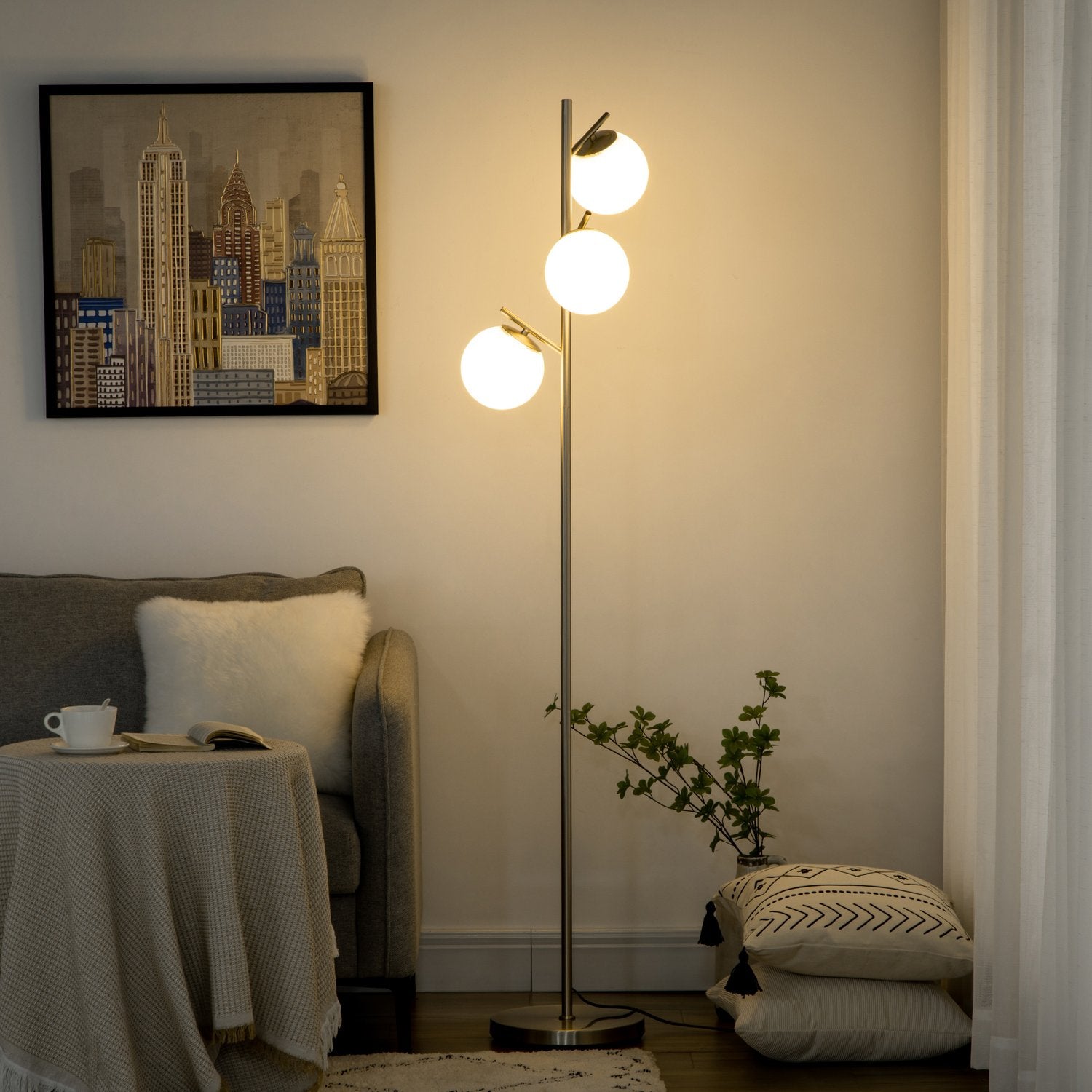 Golvlampa 40W E27, Silver & Vit, 169 cm, 3 glasskärmar