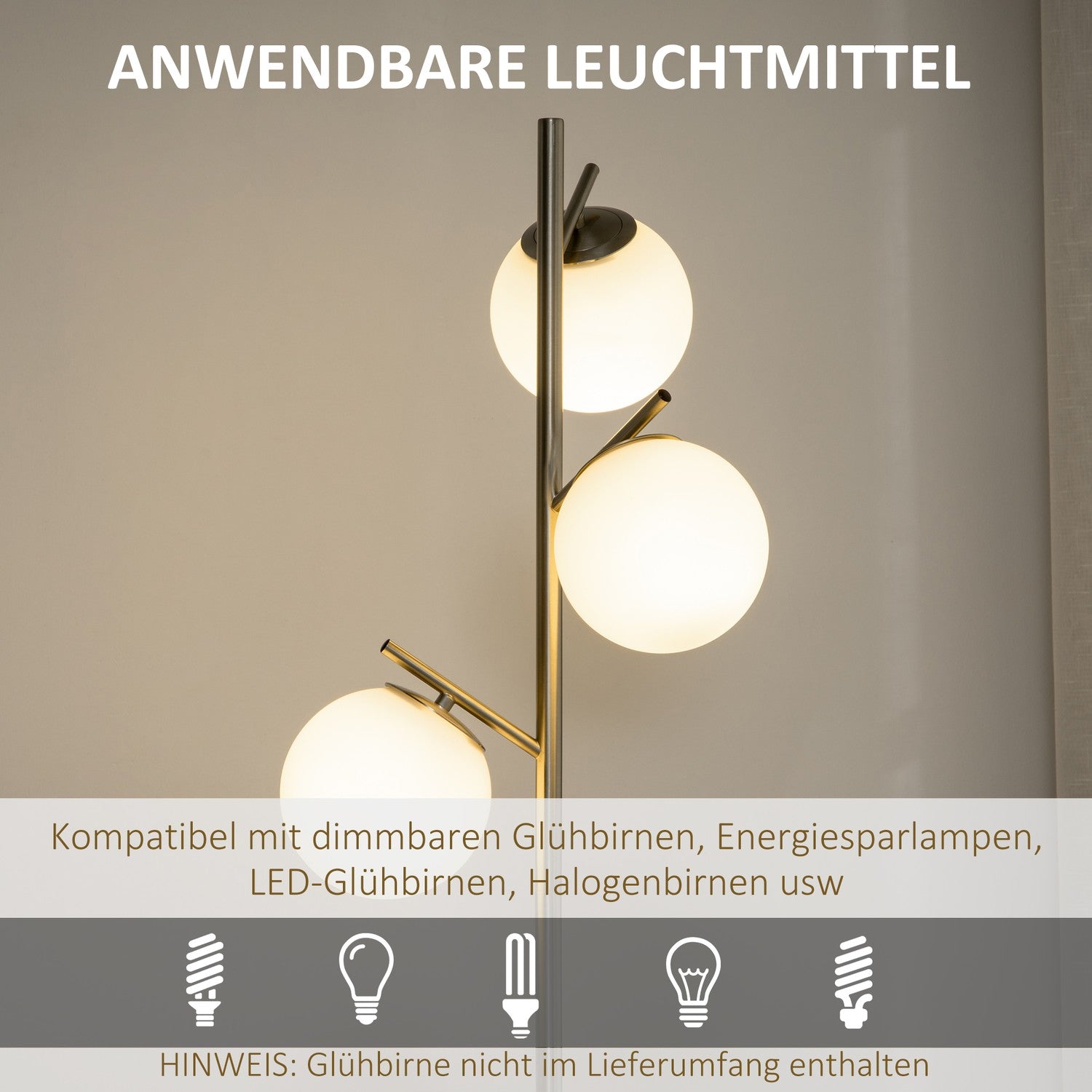 Golvlampa 40W E27, Silver & Vit, 169 cm, 3 glasskärmar