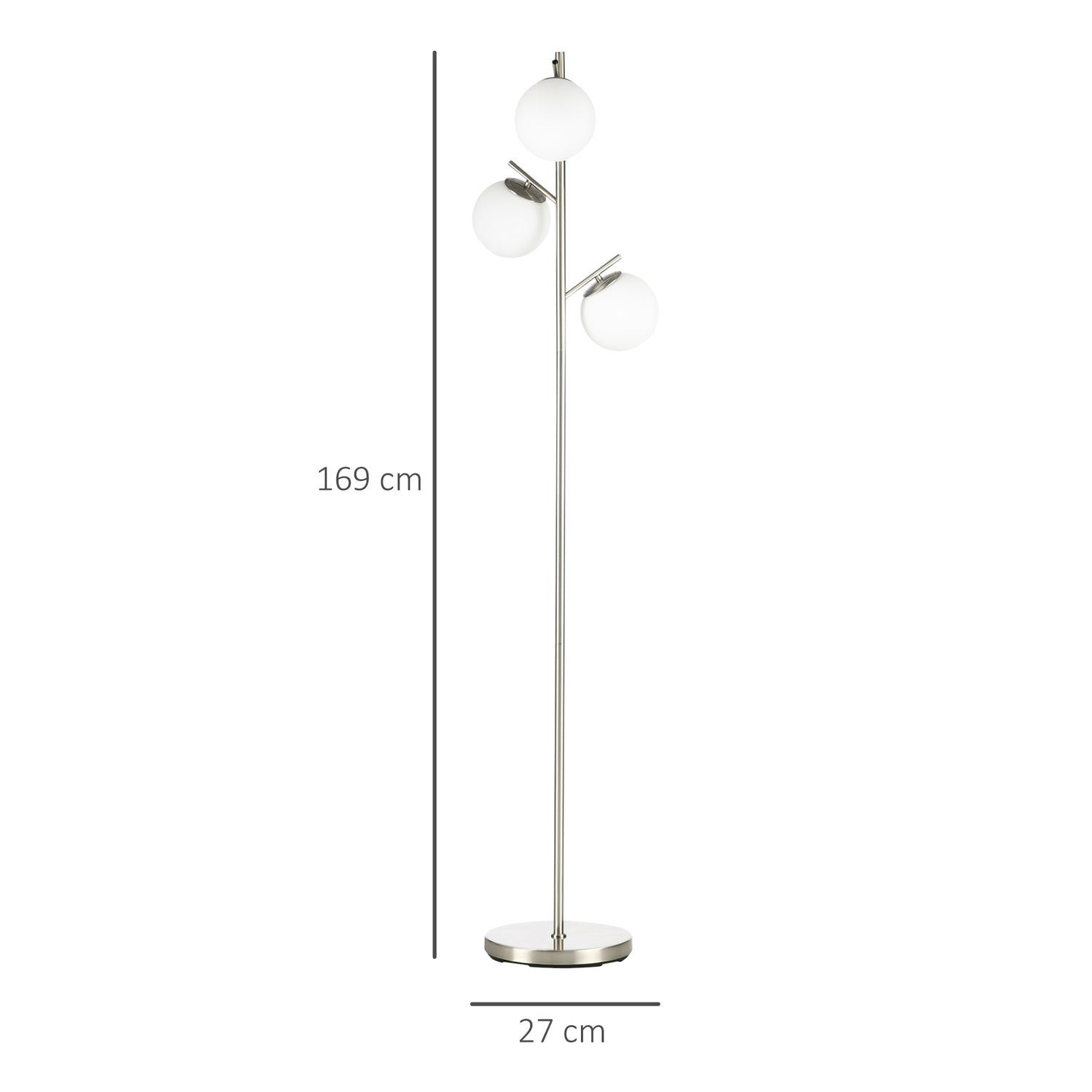 Golvlampa 40W E27, Silver & Vit, 169 cm, 3 glasskärmar