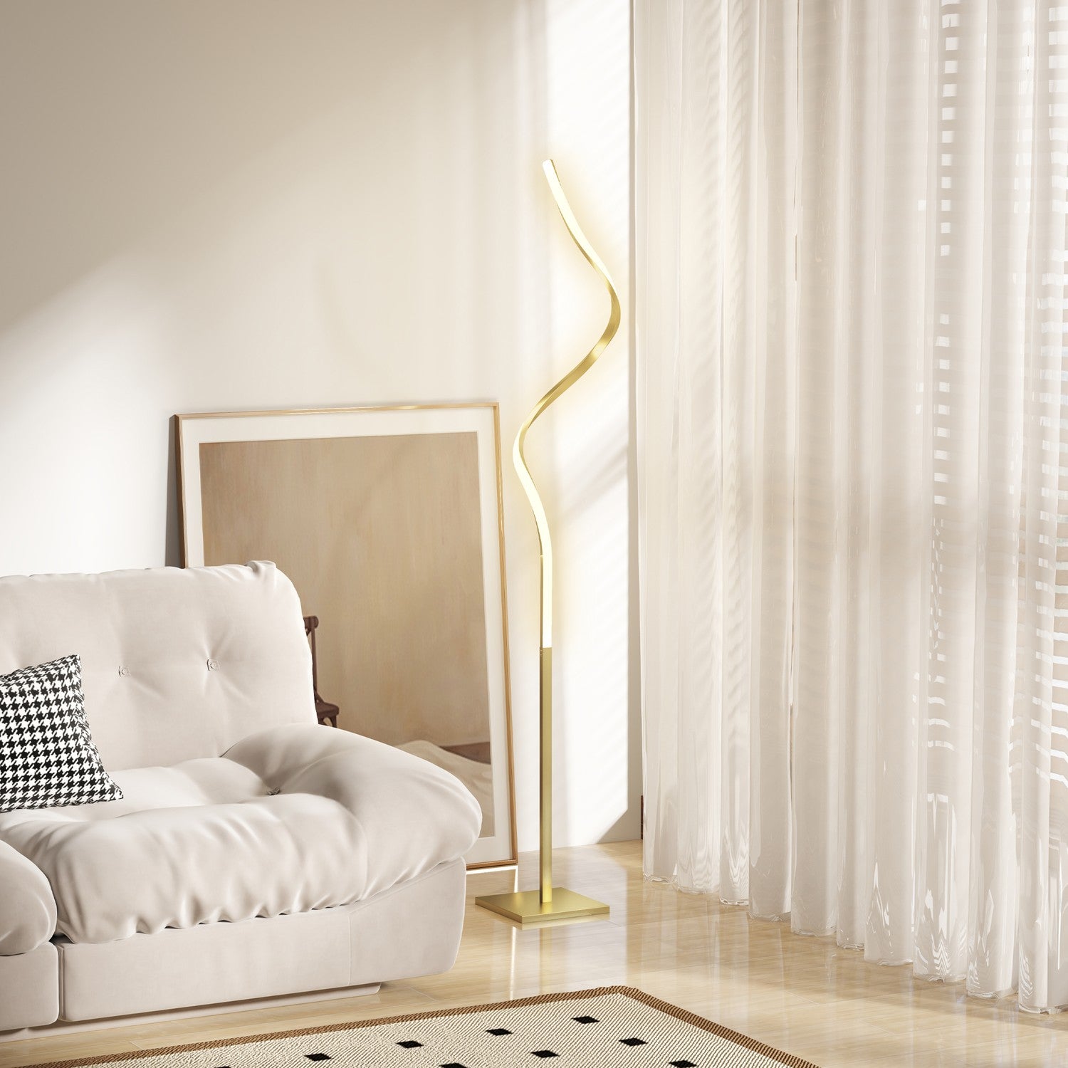 Dimbar LED-golvlampa, spiraldesign, 3 ljusfärger, guld