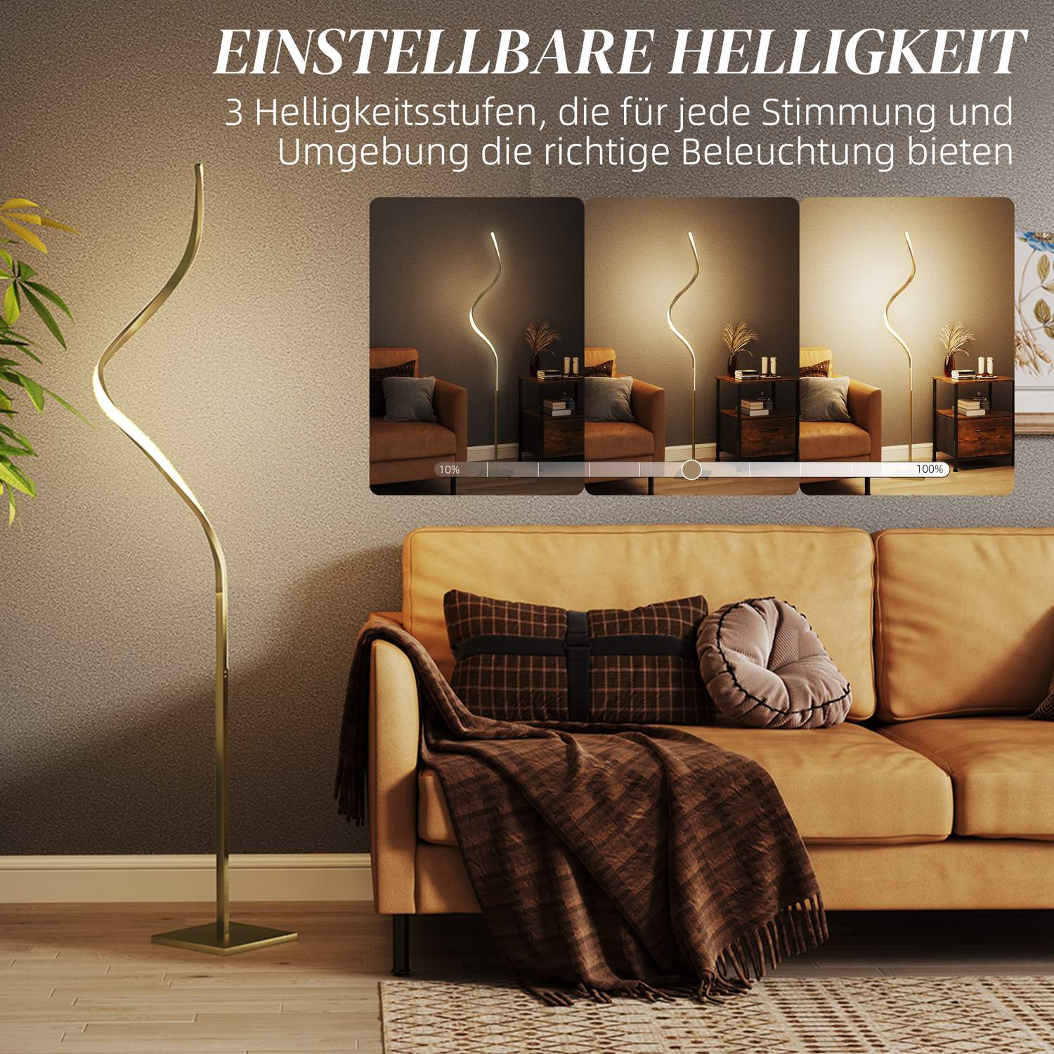 Dimbar LED-golvlampa, spiraldesign, 3 ljusfärger, guld