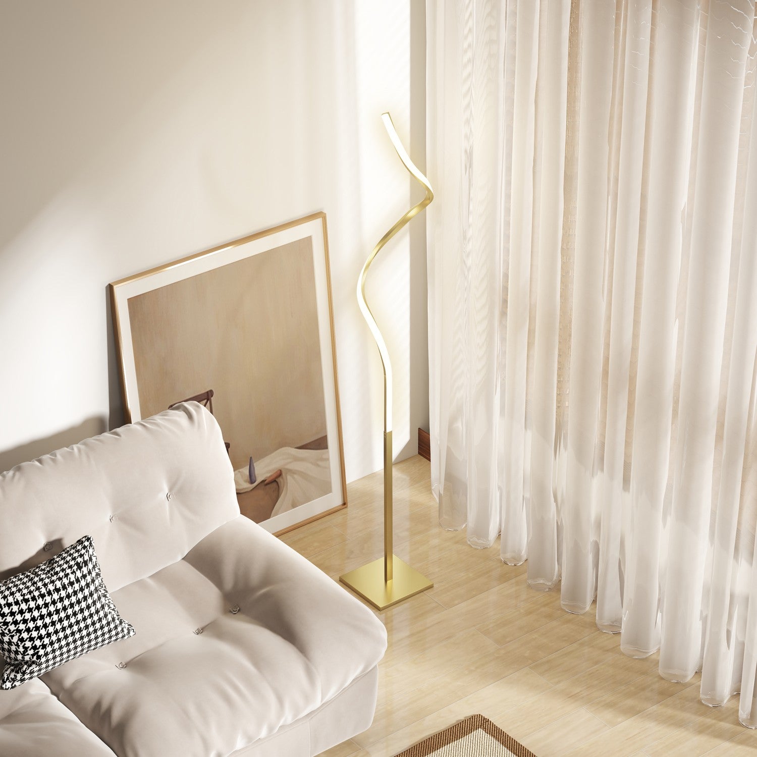 Dimbar LED-golvlampa, spiraldesign, 3 ljusfärger, guld