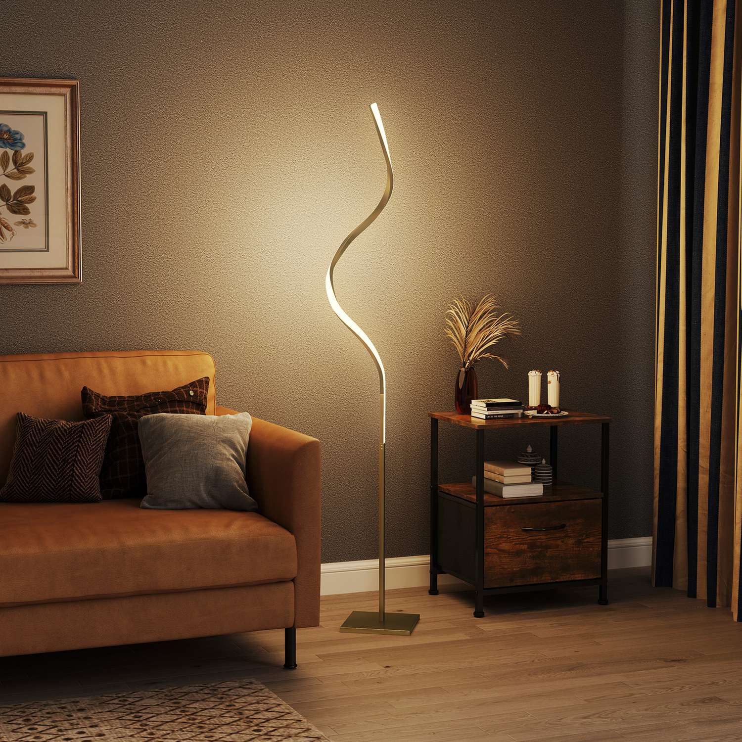 Dimbar LED-golvlampa, spiraldesign, 3 ljusfärger, guld