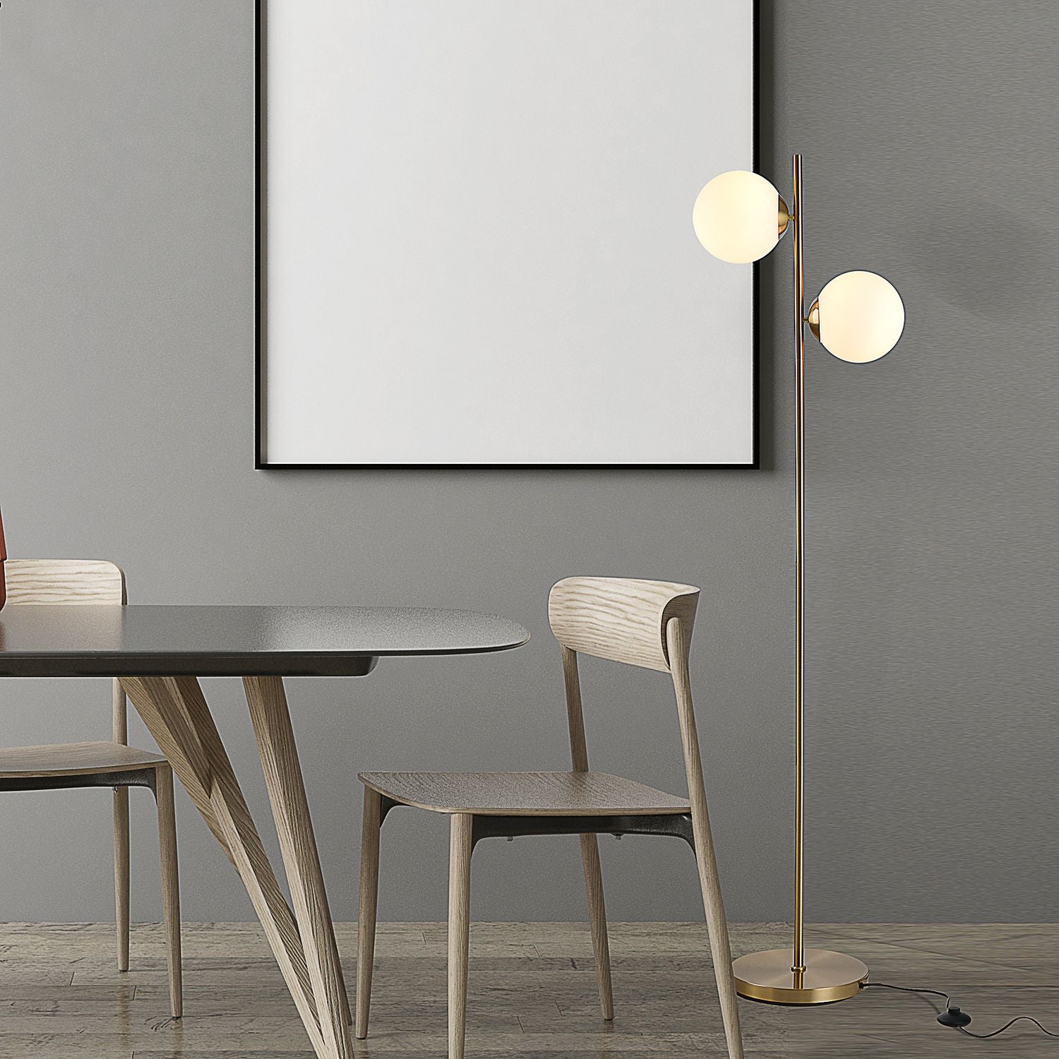 Golvlampa med 2-delad glasskärm – stål & glas, gyllene