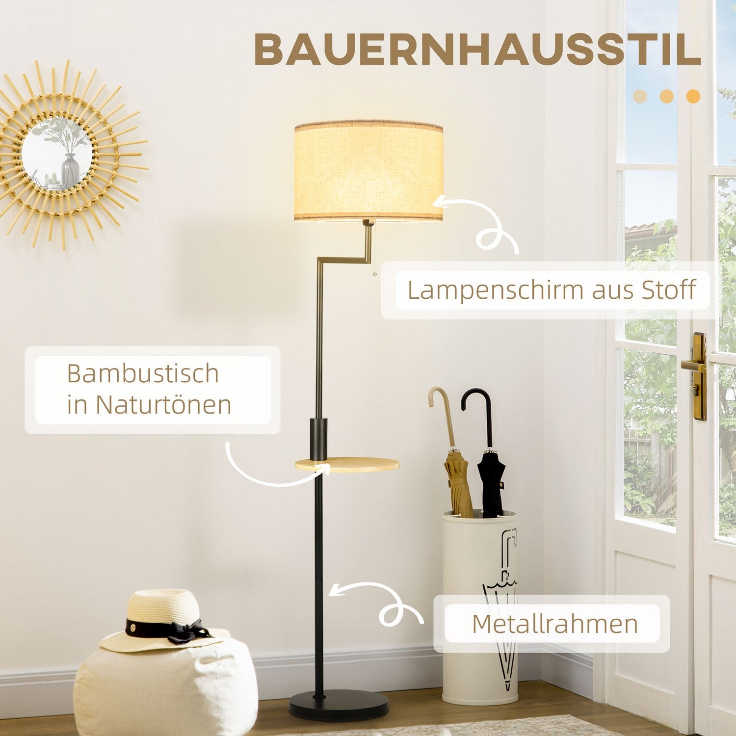 Golvlampa med hylla & USB-port, stål, kräm, 40W