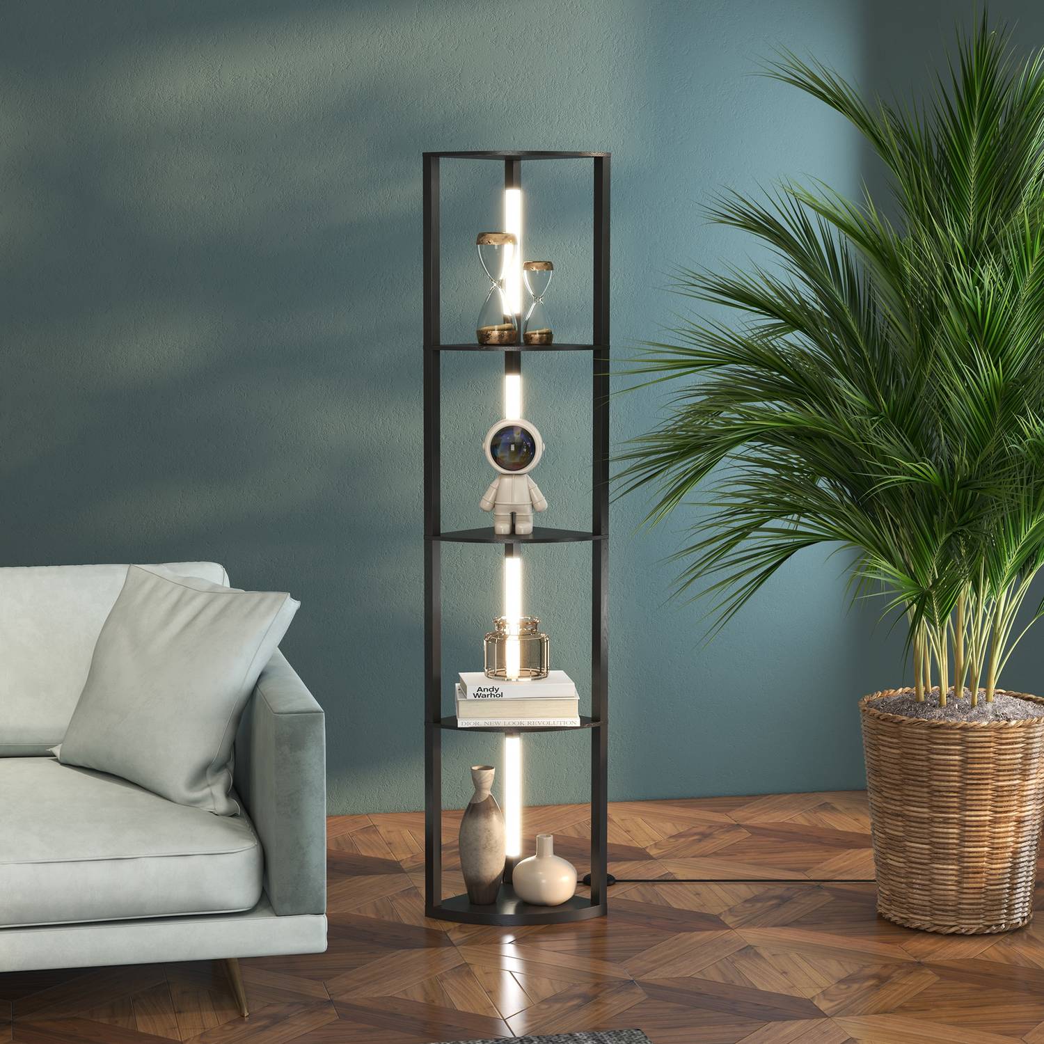 LED-golvlampa med hyllor, E27-sockel, 3 ljusfärger