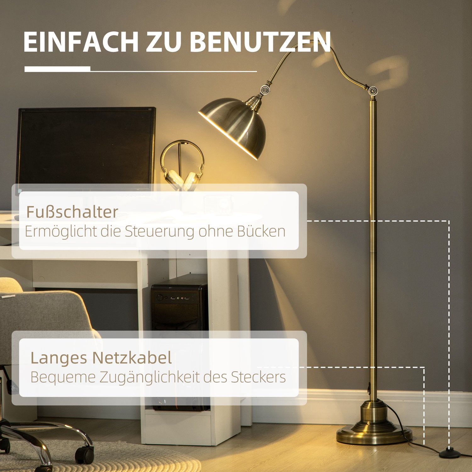 Retro Arc golvlampa – justerbar E27 mässingsfinish
