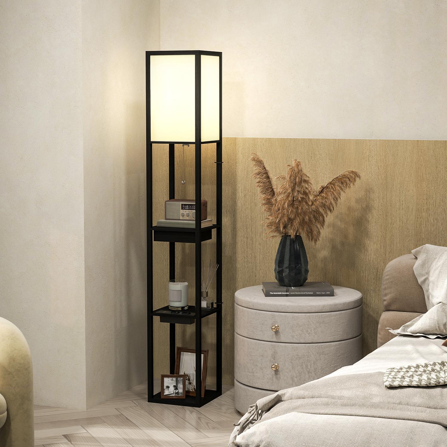 Golvlampa med tygskärm, USB-portar, vit & svart