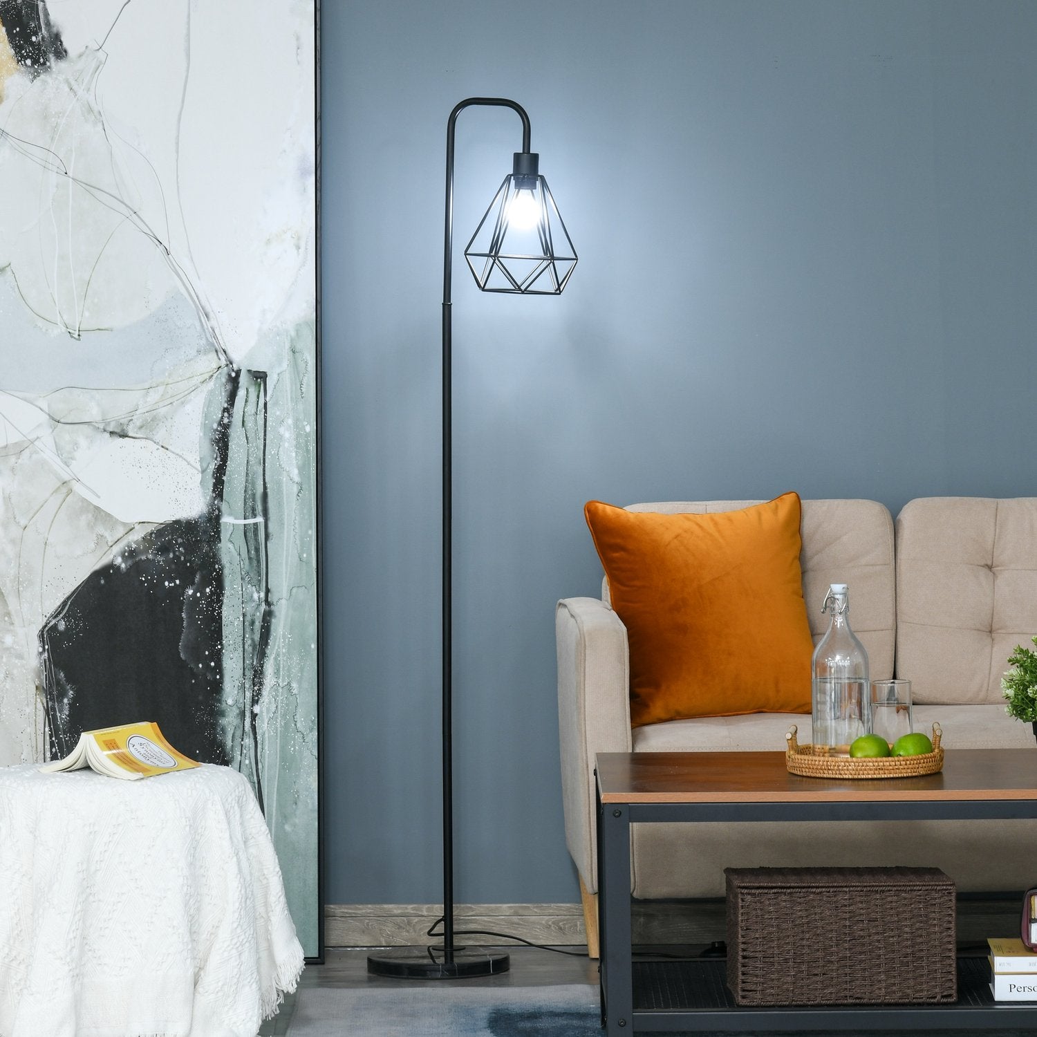 Golvlampa i industriell stil, E27 Sockel, Stål & Marmor, Svart