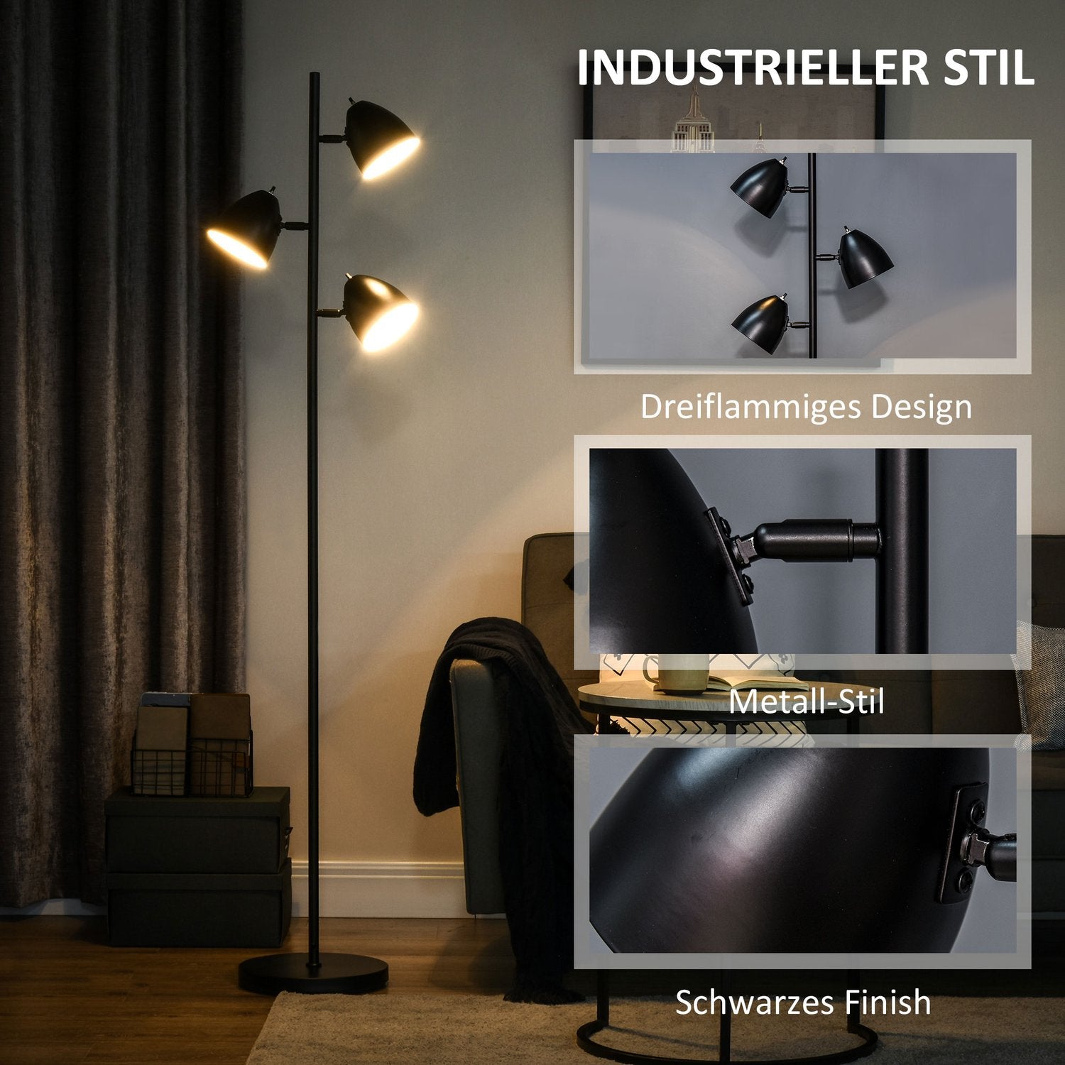 Industrigolvlampa – Justerbara stållampskärmar, svart