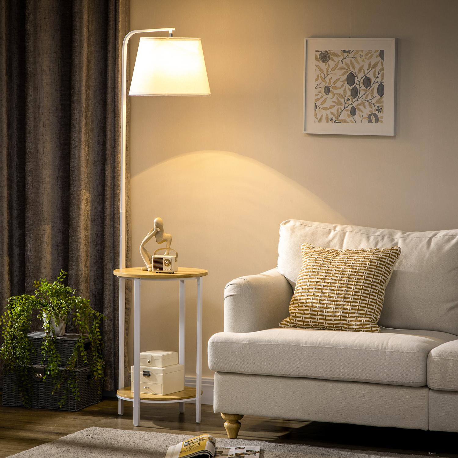 Golvlampa i vit metall, 40W, Skärm i linne, 162 cm Höjd