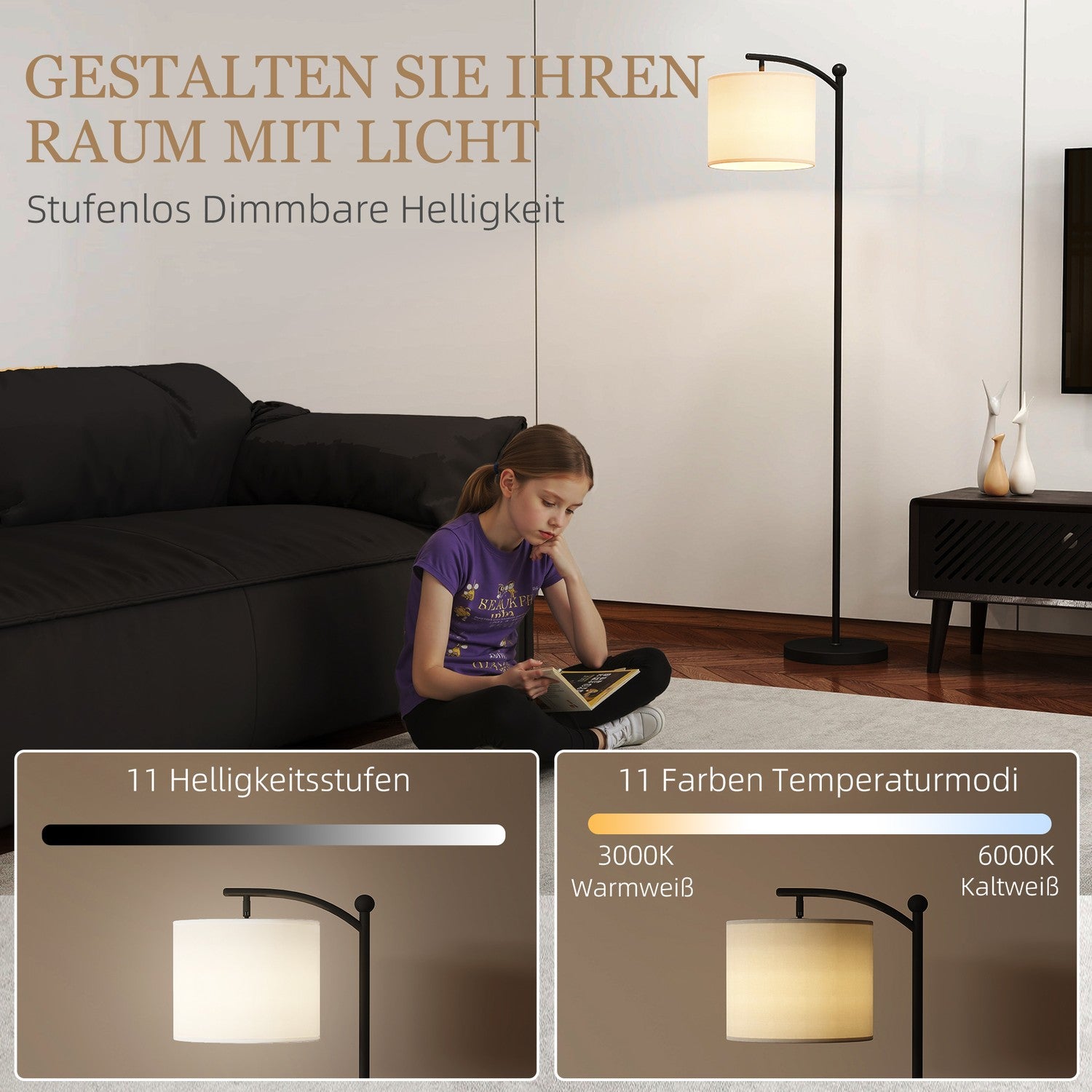 Golvlampa, justerbara ljusalternativ, fotkontakt, fjärrkontroll, metall, svart