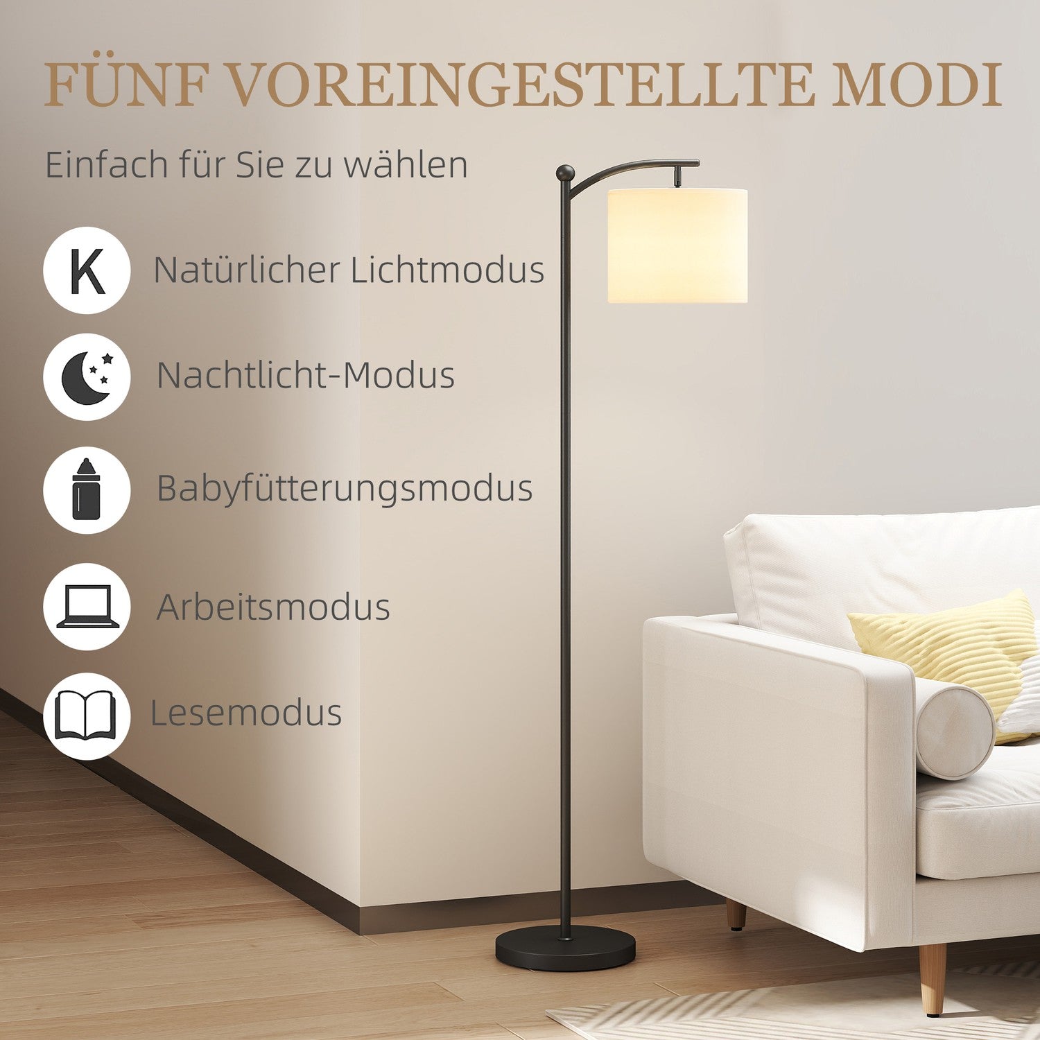 Golvlampa, justerbara ljusalternativ, fotkontakt, fjärrkontroll, metall, svart