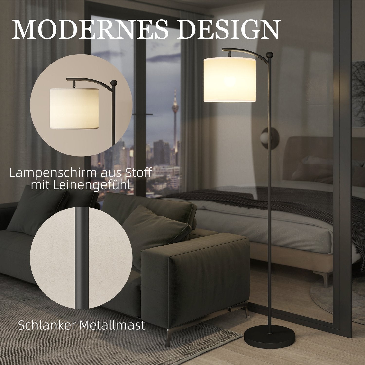 Golvlampa, justerbara ljusalternativ, fotkontakt, fjärrkontroll, metall, svart